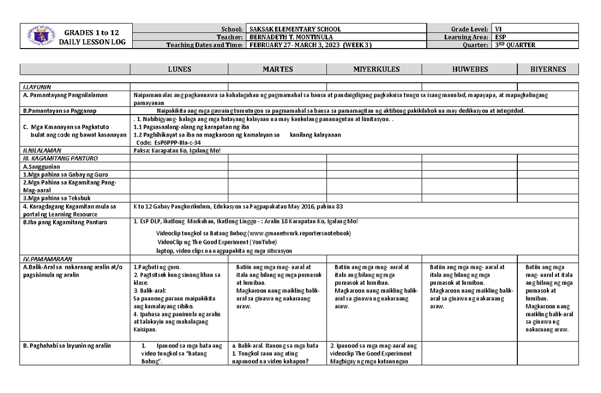 ESP Daily Lesson LOG WEEK 3 GRADES 1 To 12 DAILY LESSON LOG School