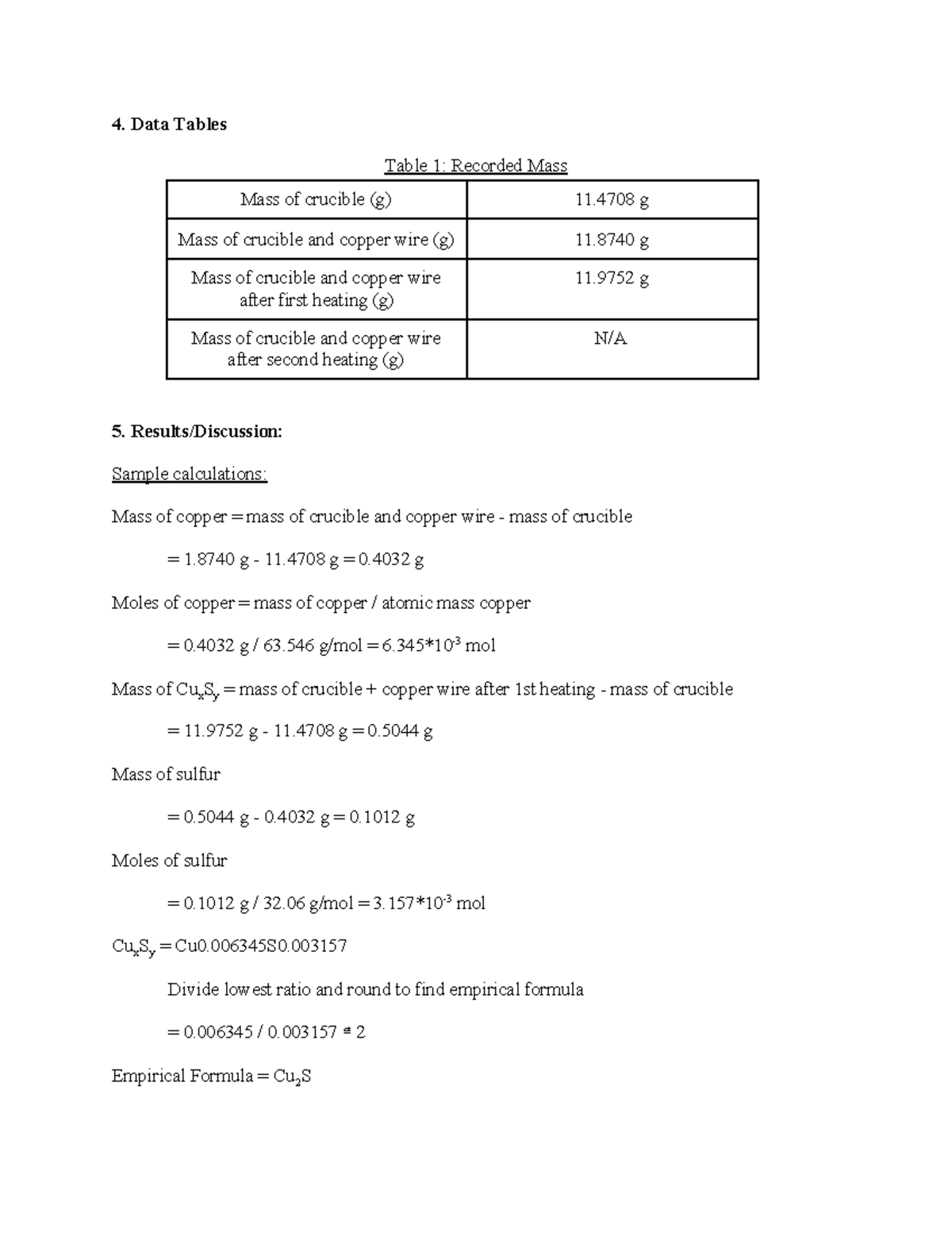 Formula of a Chemical Compound - 4. Data Tables Table 1: Recorded Mass ...