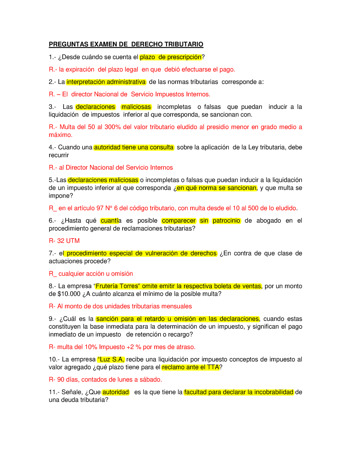 Preguntas Examen DE Derecho Tributario PREGUNTAS EXAMEN DE DERECHO TRIBUTARIO Desde