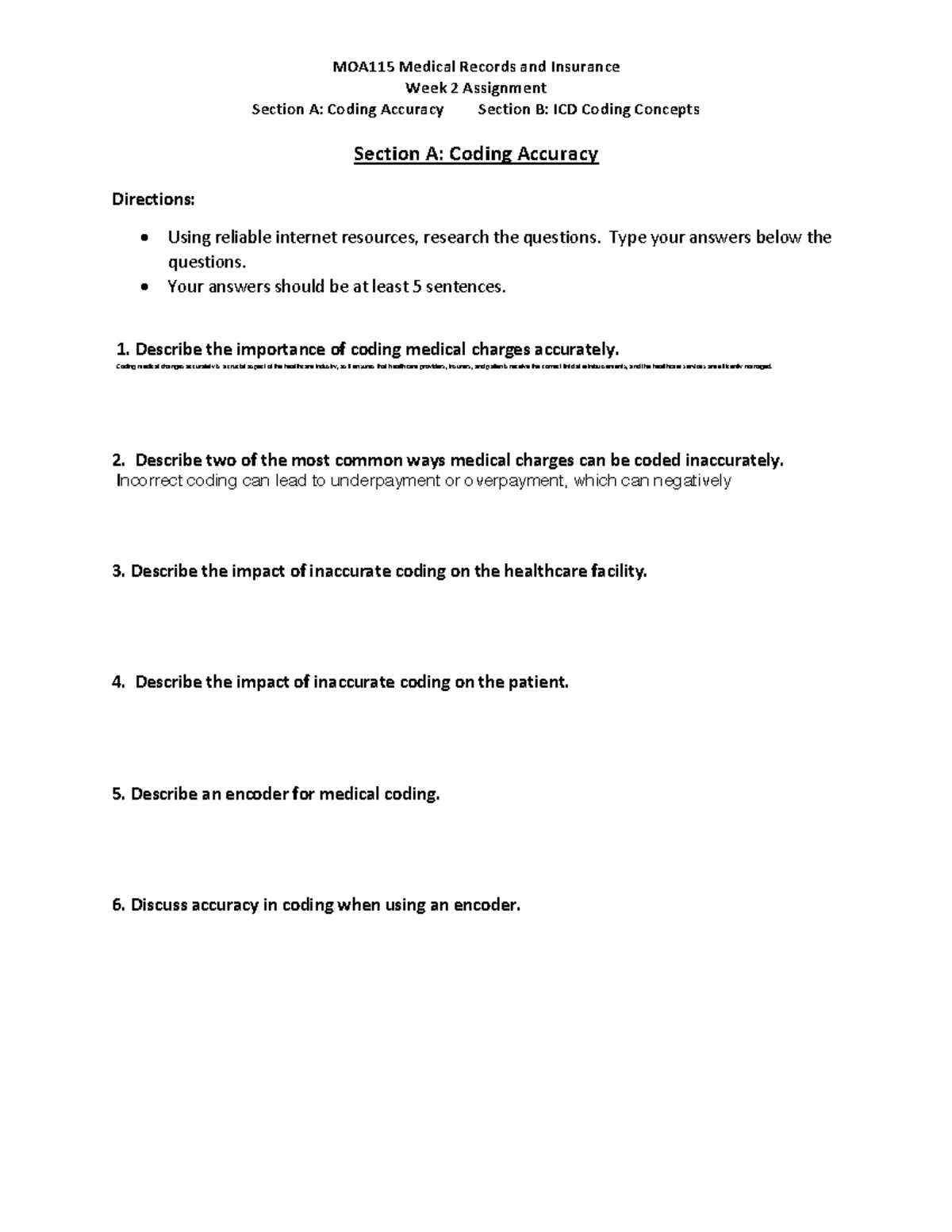 Week 2 Assignment Worksheet-2 - MOA115 Medical Records And Insurance ...