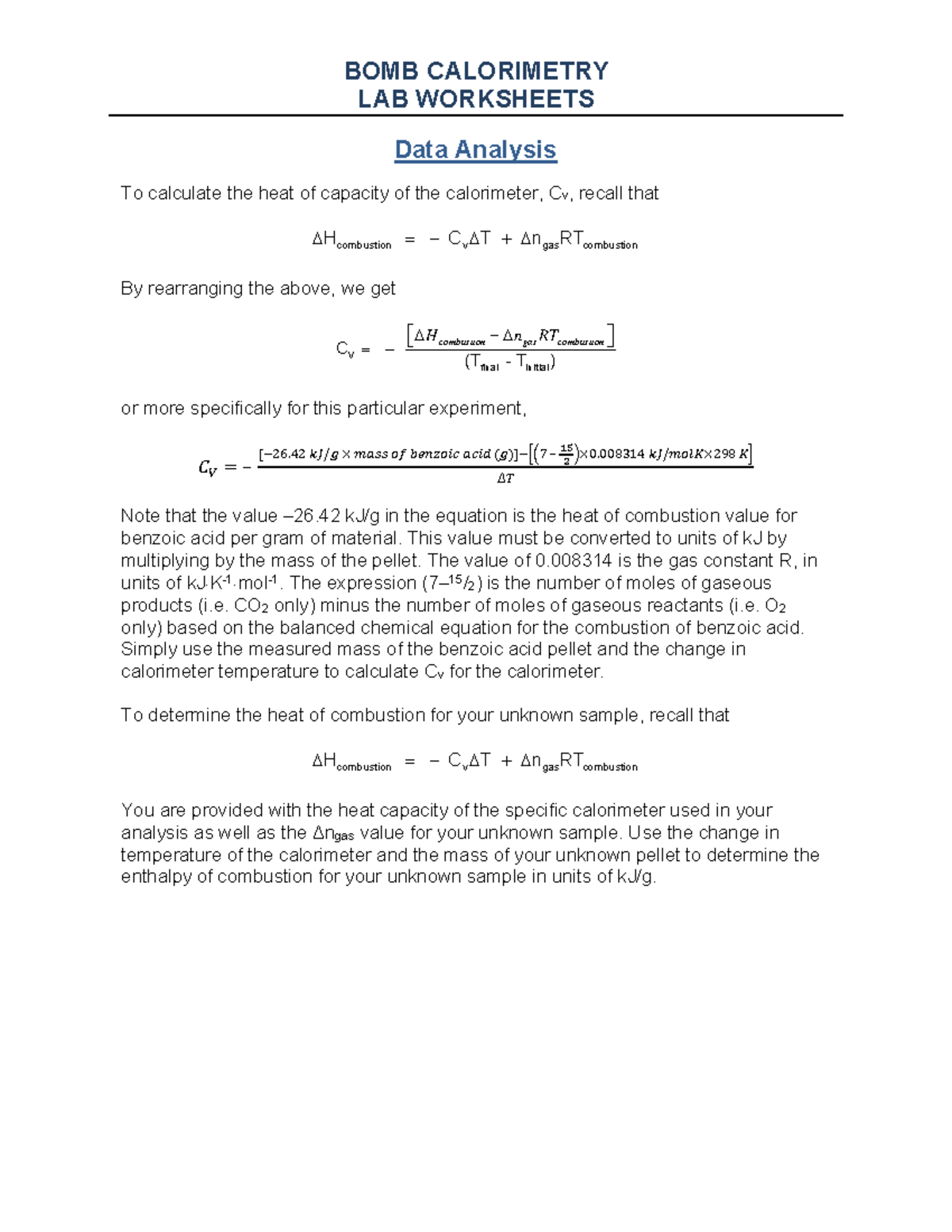 Bomb Calorimetry Worksheets for lab BOMB CALORIMETRY LAB WORKSHEETS Data Analysis To calculate