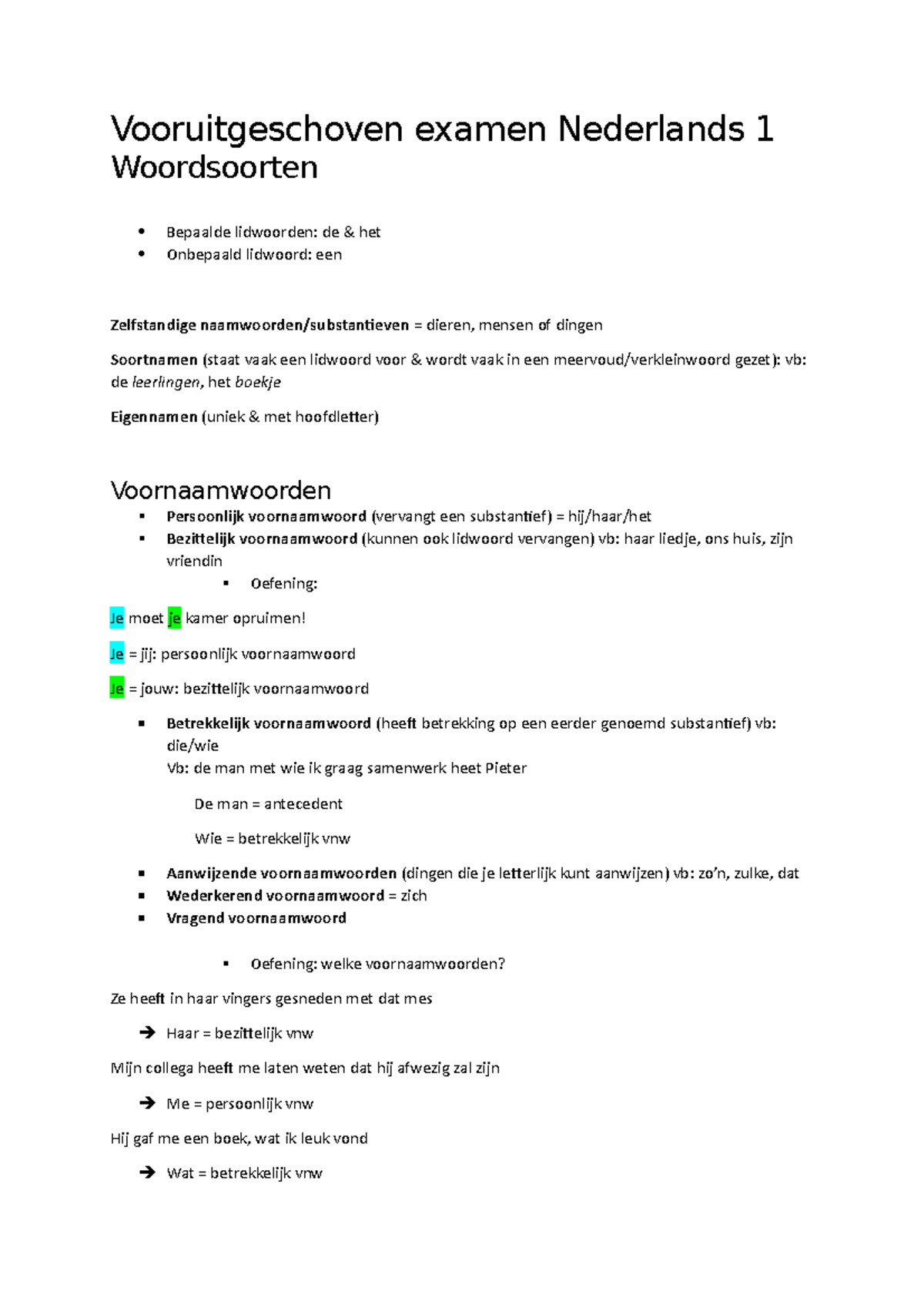 Nederlands 1: Woordsoorten + Zinsdelen - Vooruitgeschoven Examen ...