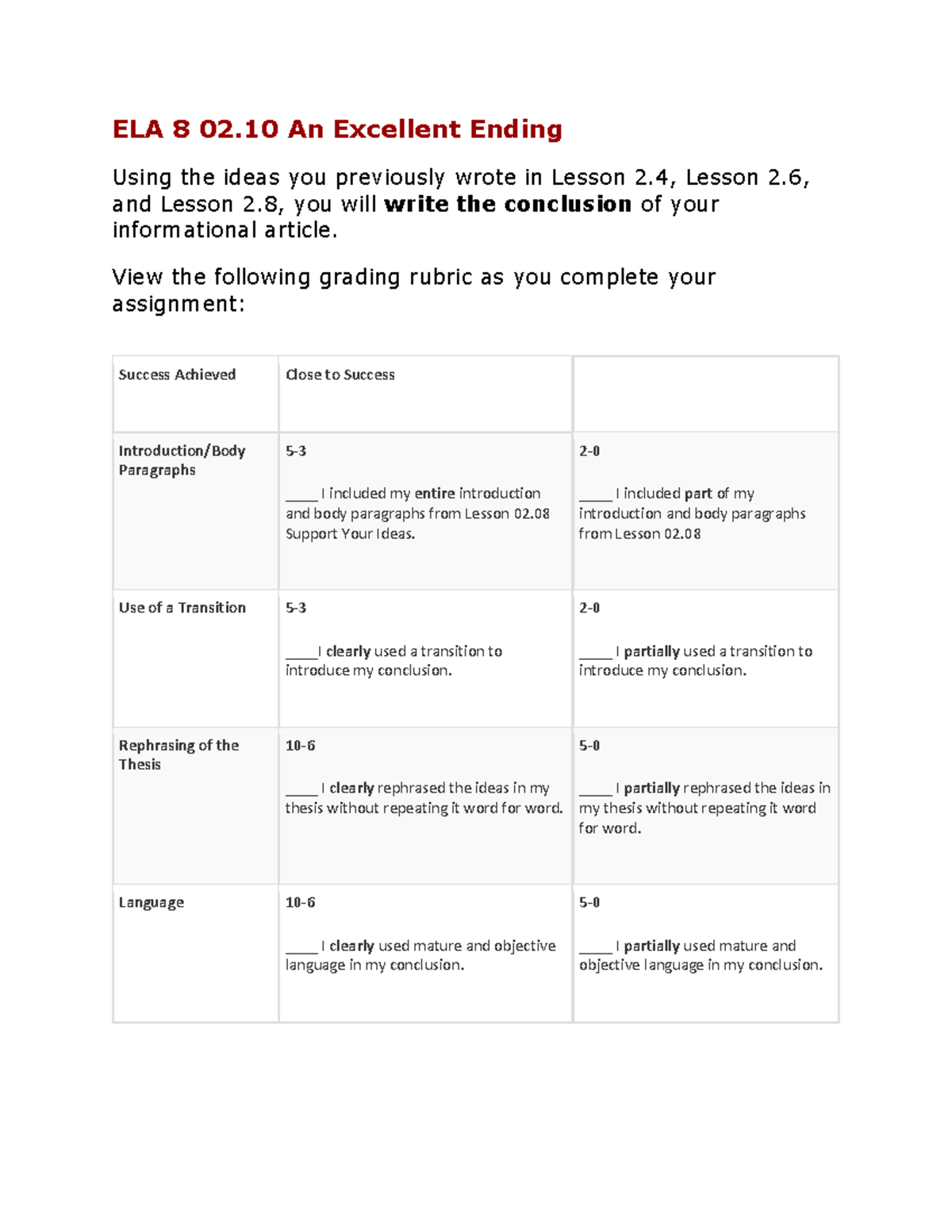 ELA 8 02 - Assignment - ELA 8 02 An Excellent Ending Using the ideas ...