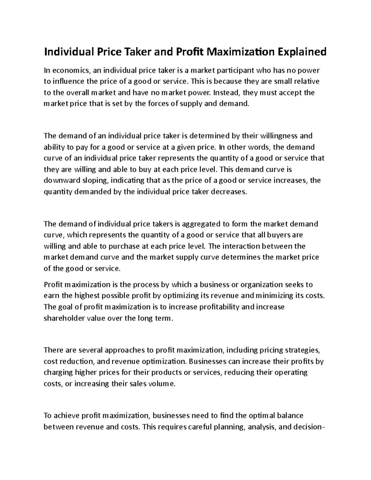 Individual Price Taker and Profit Maximization Explained This is