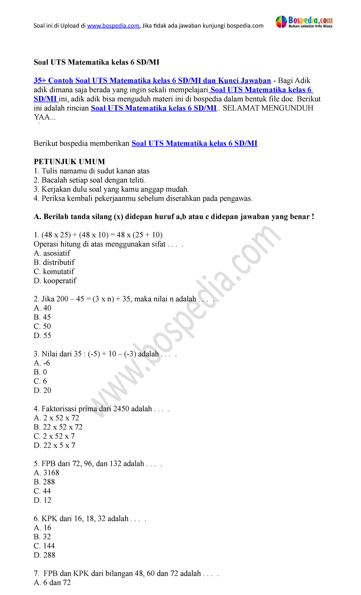 35+ Contoh Soal UTS Matematika Kelas 6 SD MI Dan Kunci Jawaban ...