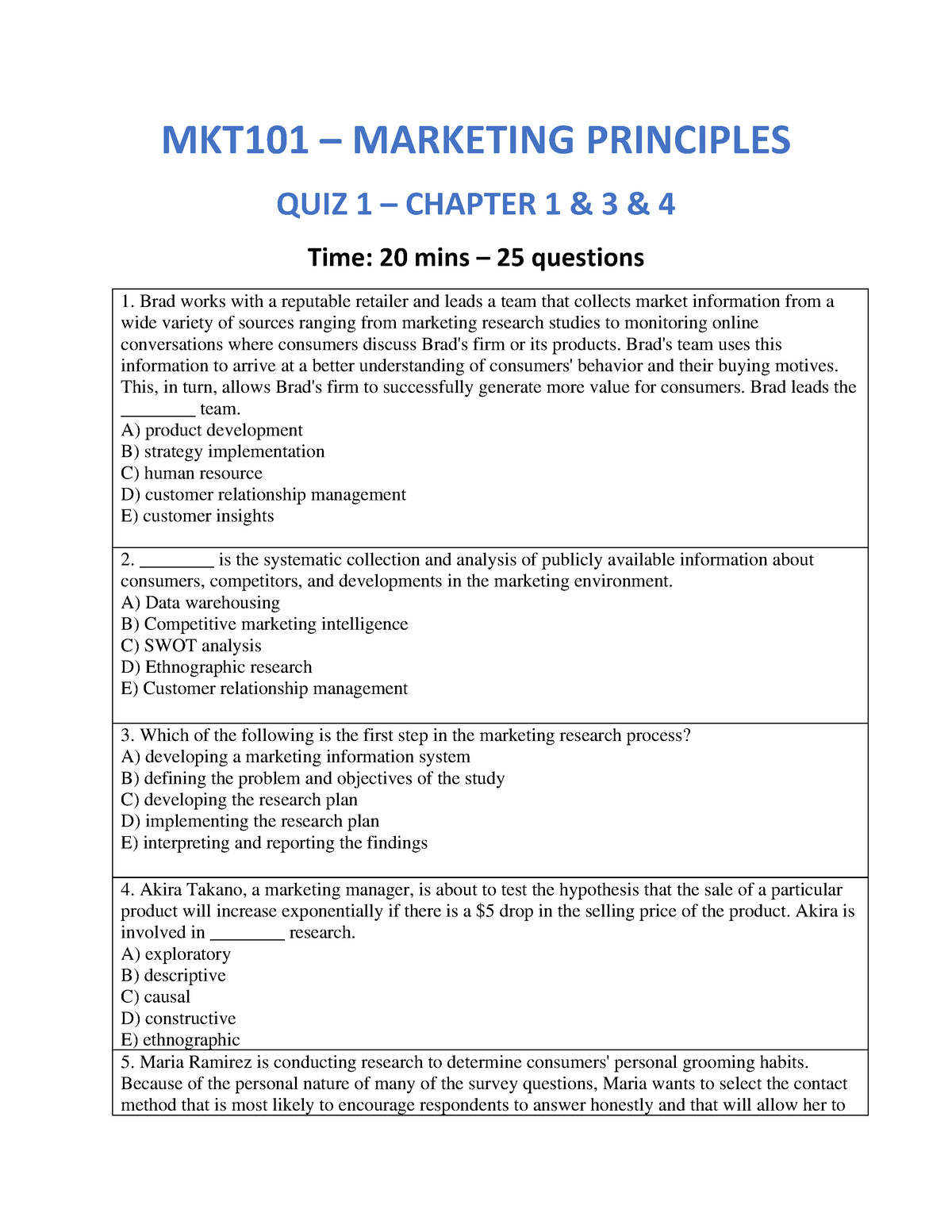 QUIZ 1 TEST STS - MKT101 – MARKETING PRINCIPLES QUIZ 1 – CHAPTER 1 & 3 ...