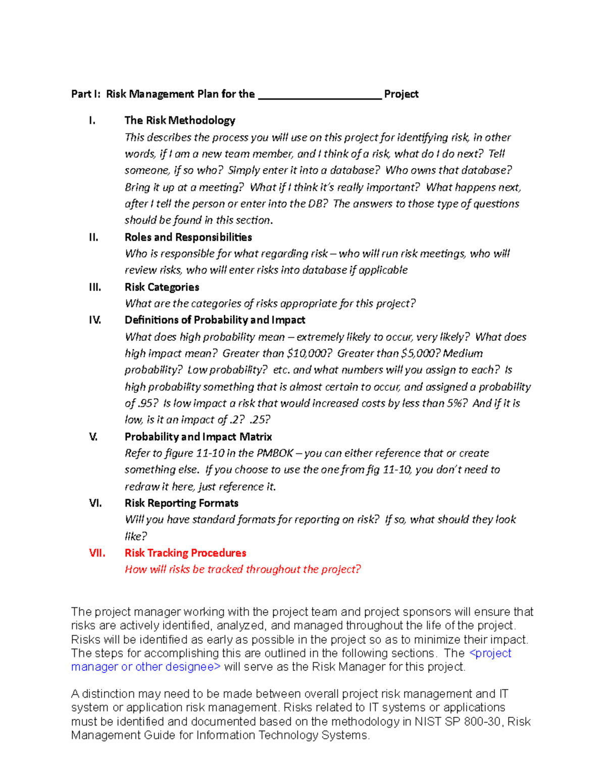 Risk Management Plan Template F10 - Part I: Risk Management Plan for ...