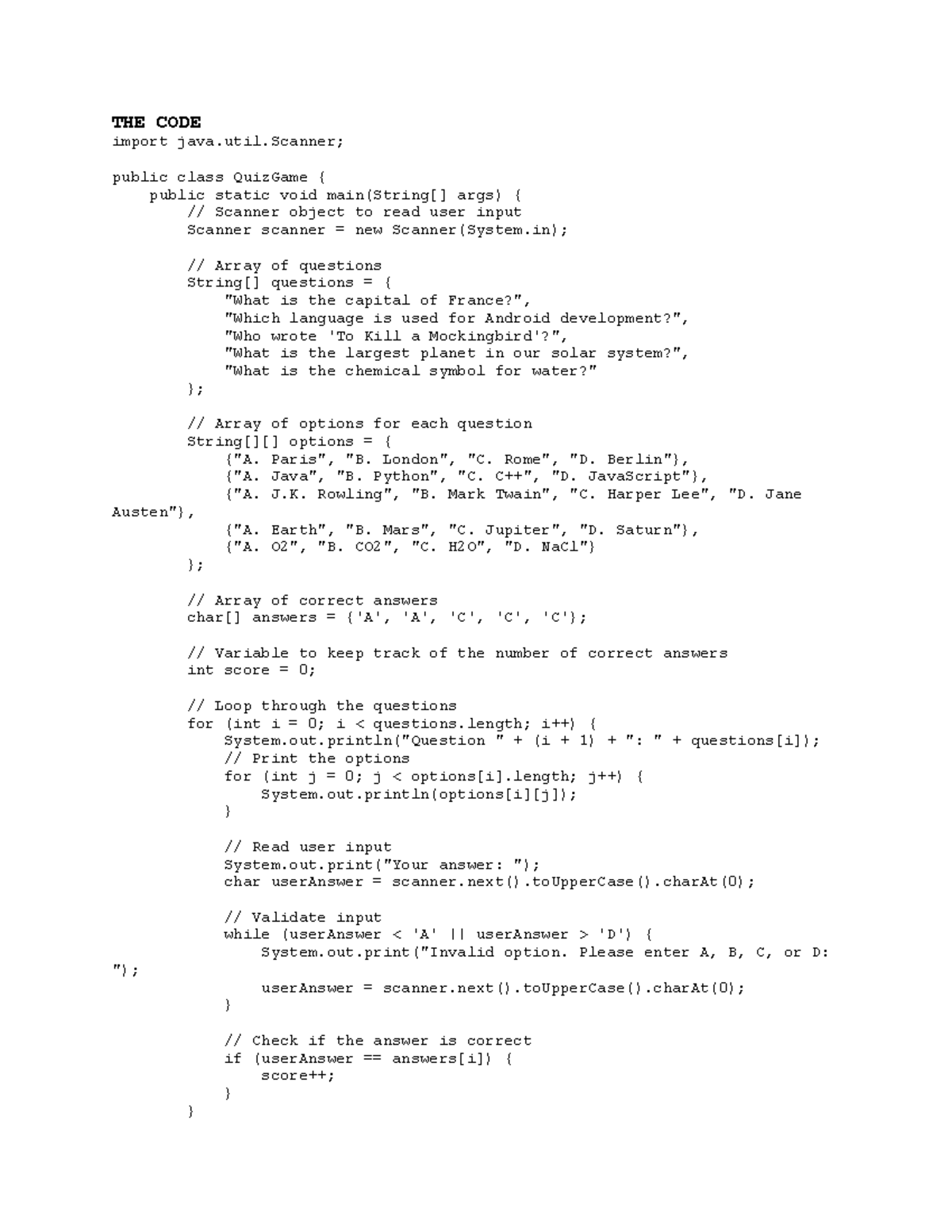 Assignment 1 - PROGRAMMING CS1102 - THE CODE import java.util; public ...