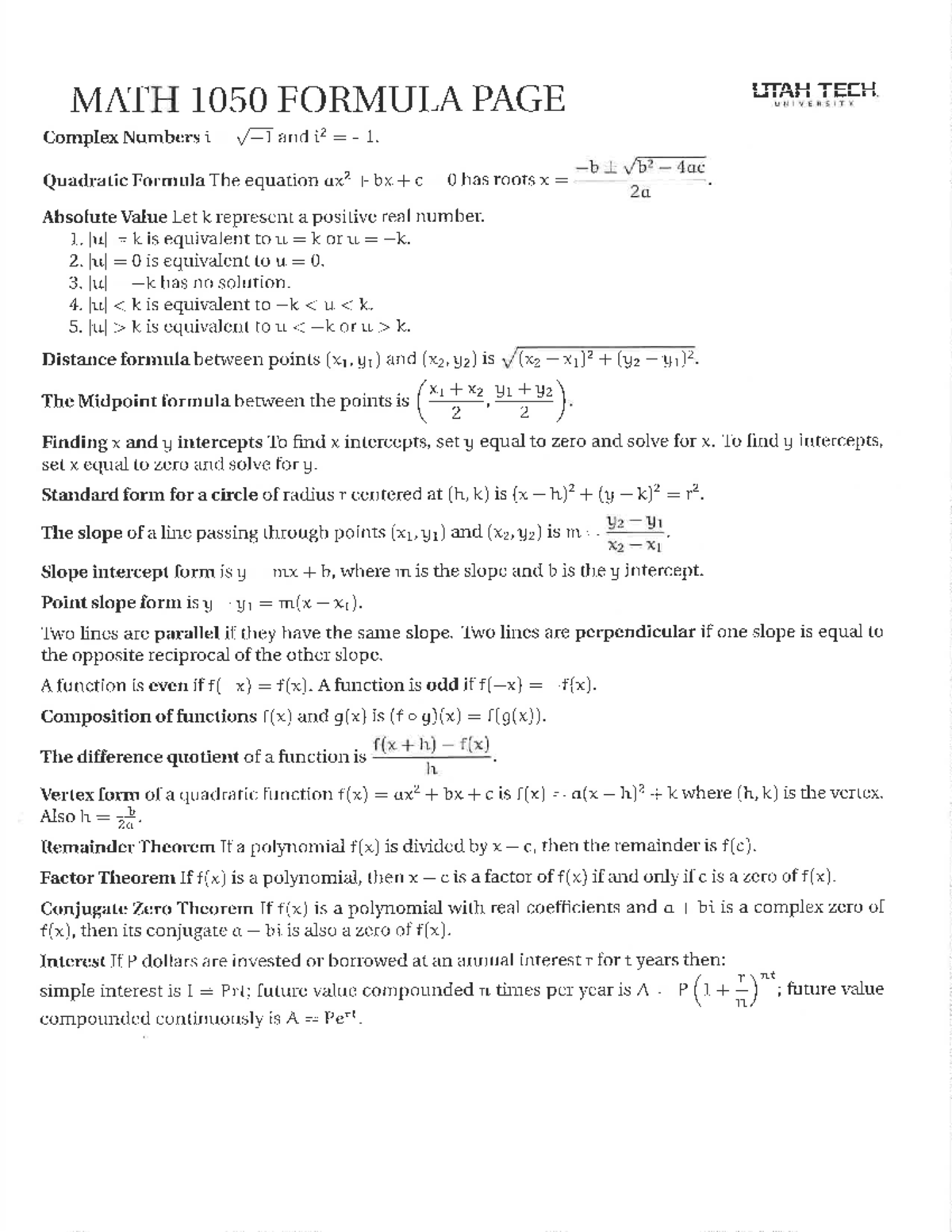 College Algebra Formula sheet - MATH 1050 - Studocu
