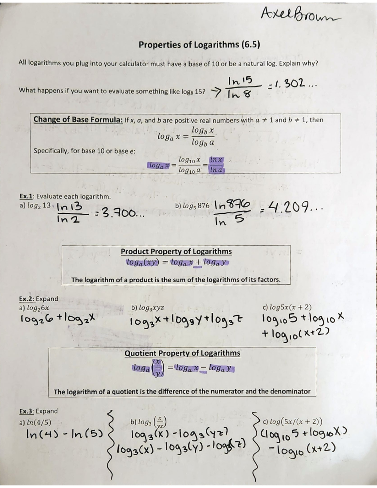 1470.6 1470 6.5 NOTES 1/2 6.5 Properties of Logarithms pg 1 of 2