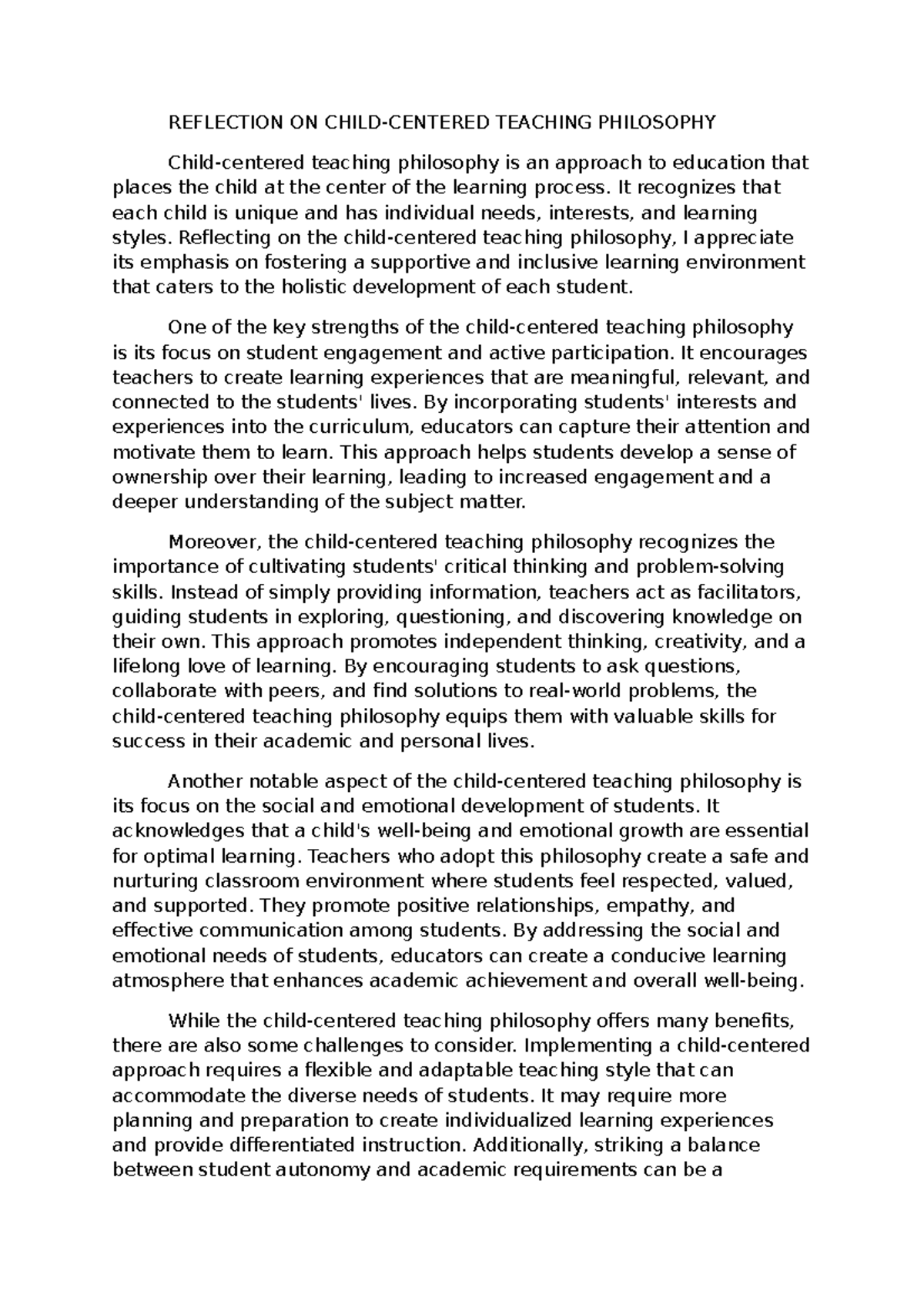 Reflection on Teaching - REFLECTION ON CHILD-CENTERED TEACHING ...