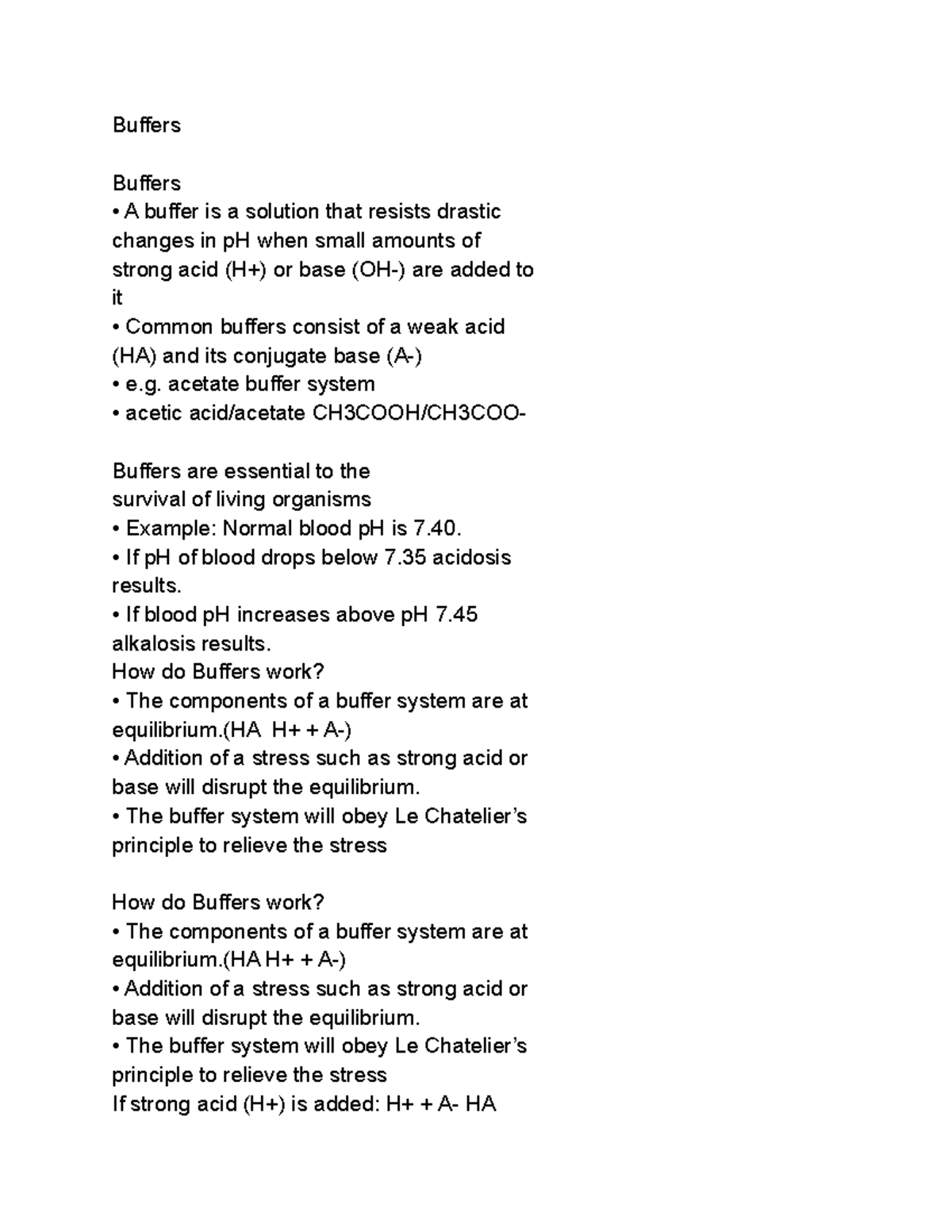 Bio Notes Buffers Buffers A buffer is a solution that resists