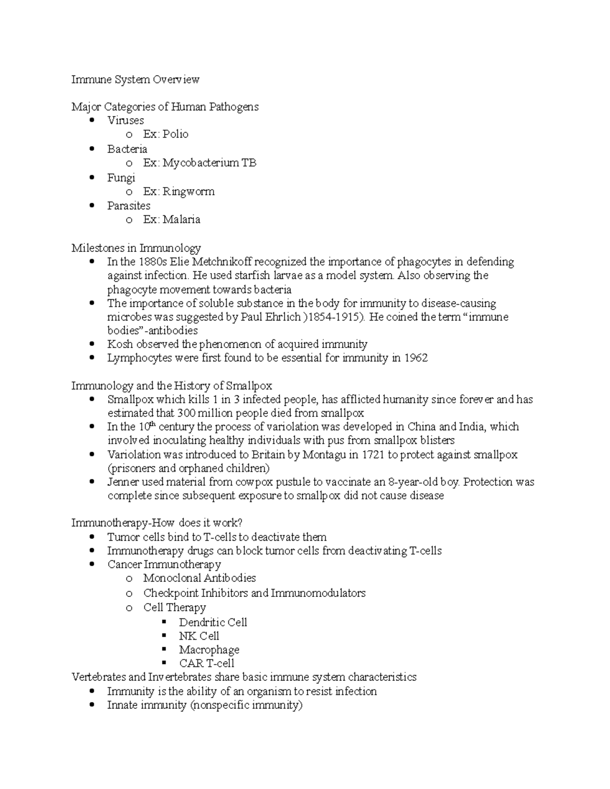 Immunology Final Notes - Immune System Overview Major Categories of ...