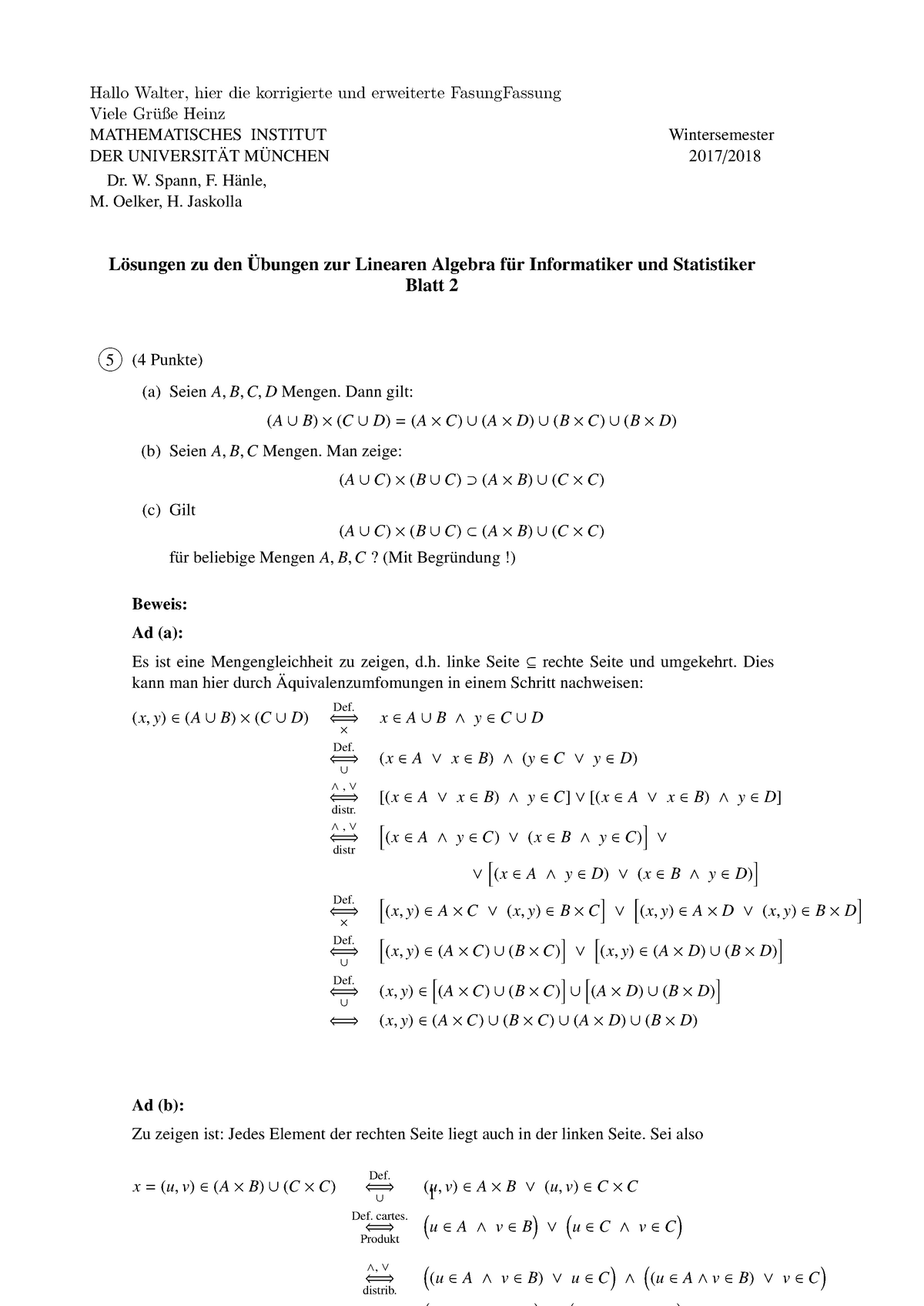 Losung Blatt 2 Lineare Algebra Fur Informatiker U St Spann Ws17 18 Studocu