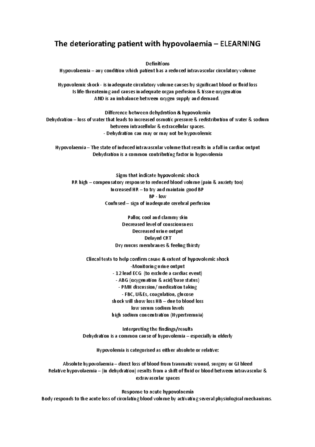 Deteriorating patient with hypovolaemia Difference between