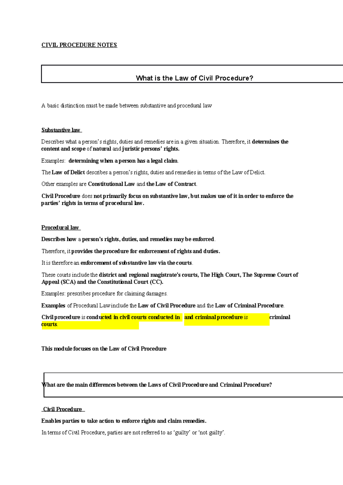 CIV302 Notes - NOT APPLICABLE - CIVIL PROCEDURE NOTES A basic ...