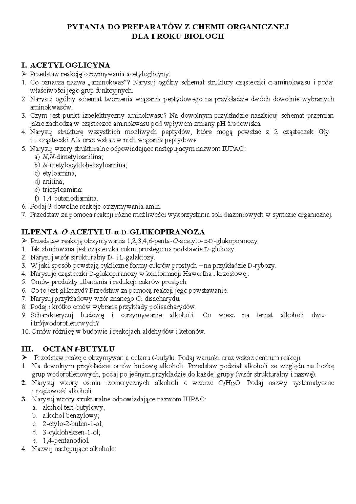 Preparaty chemia organiczna dla biologii 1 - PYTANIA DO PREPARATÓW Z