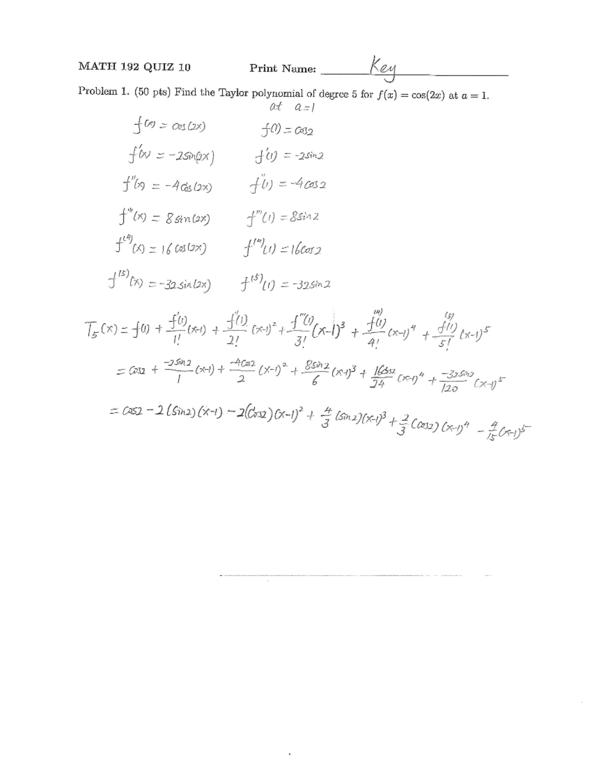 Quiz10-solution - Quiz 10 with Solutions for Calculus - MATH 192G - Studocu