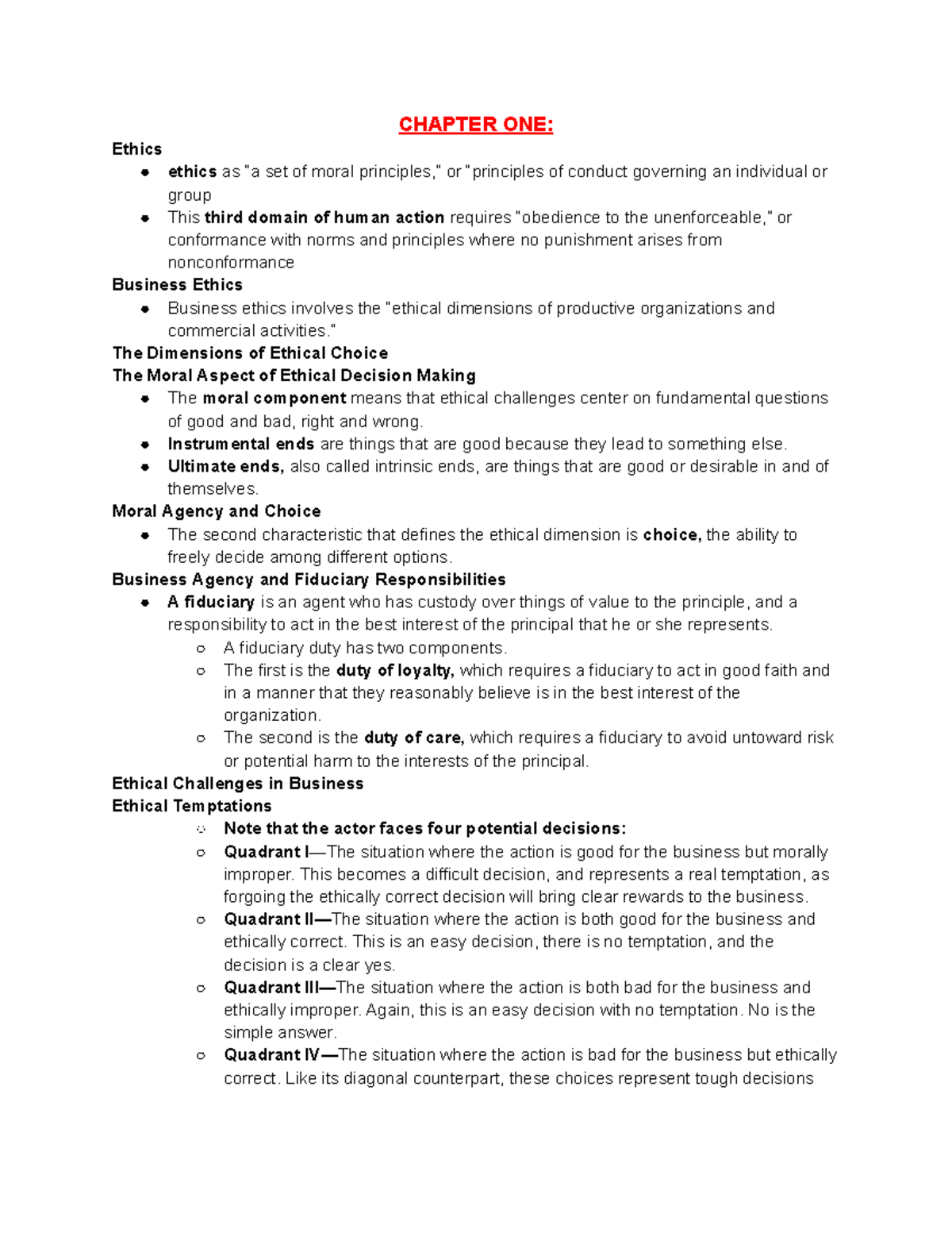 Chapter 1 & 2 Notes - CHAPTER ONE: Ethics ethics as “a set of moral ...