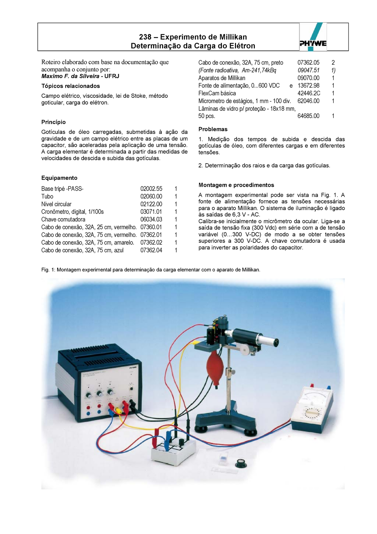 Laboratório de Física Moderna - Experimento Millikan - UNIFEI -  Determinação da Carga do Elétron - Studocu