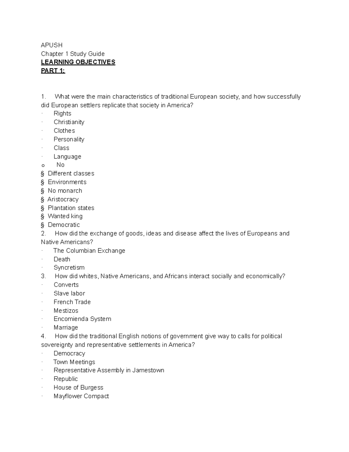 Apush Notes - APUSH Chapter 1 Study Guide LEARNING OBJECTIVES PART 1 ...