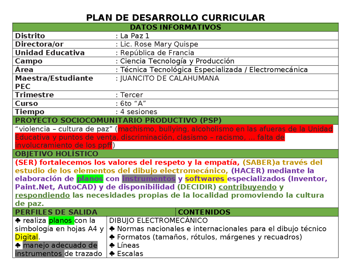 PDC ED. Regular (modelo V - PLAN DE DESARROLLO CURRICULAR DATOS ...