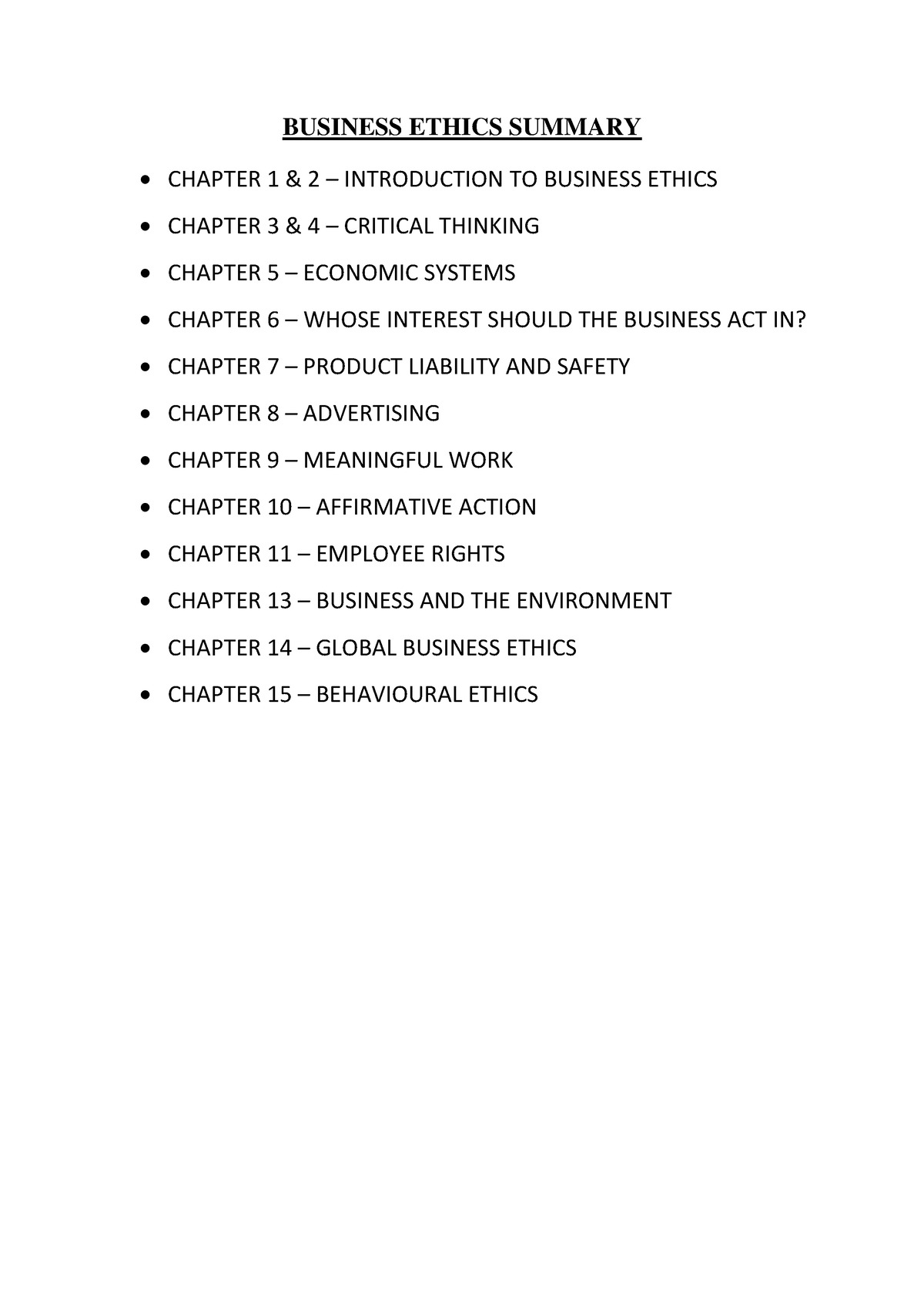 Business Ethics Summary - BUSINESS ETHICS SUMMARY • CHAPTER 1 & 2 ...