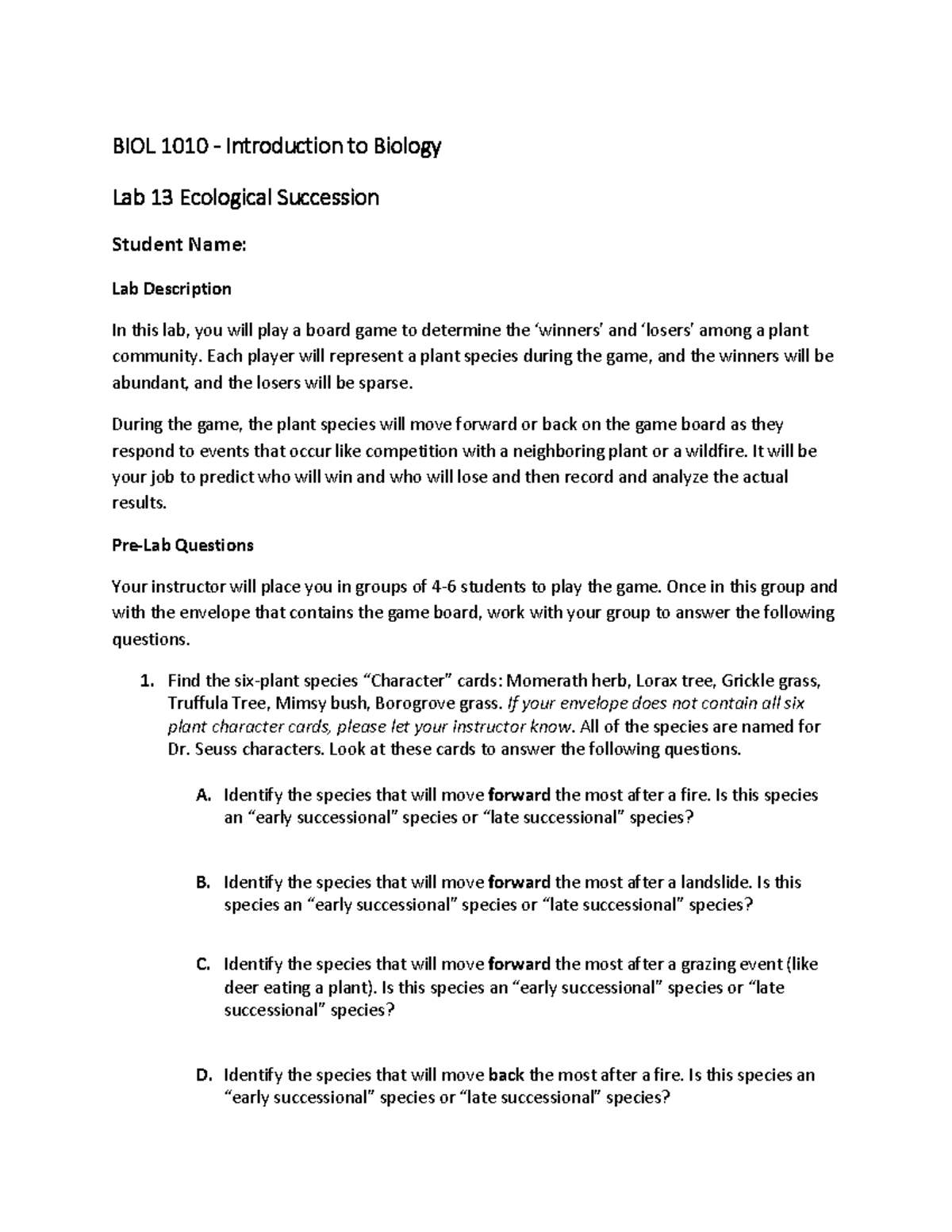 13 BIOL 1010 Lab Ecological Succession for Students to Print BIOL