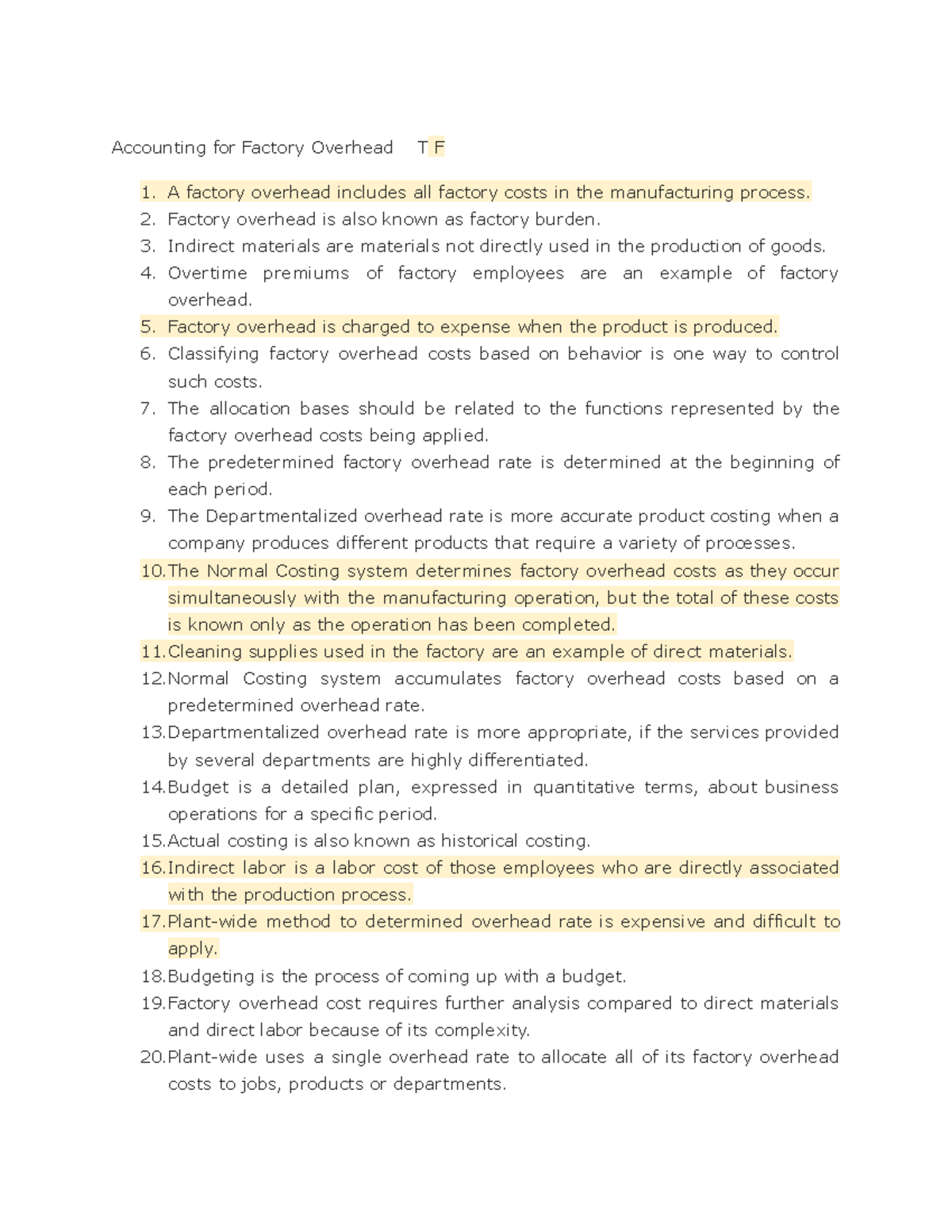 Cost acc activity - practice - Accounting for Factory Overhead T F 1. A ...