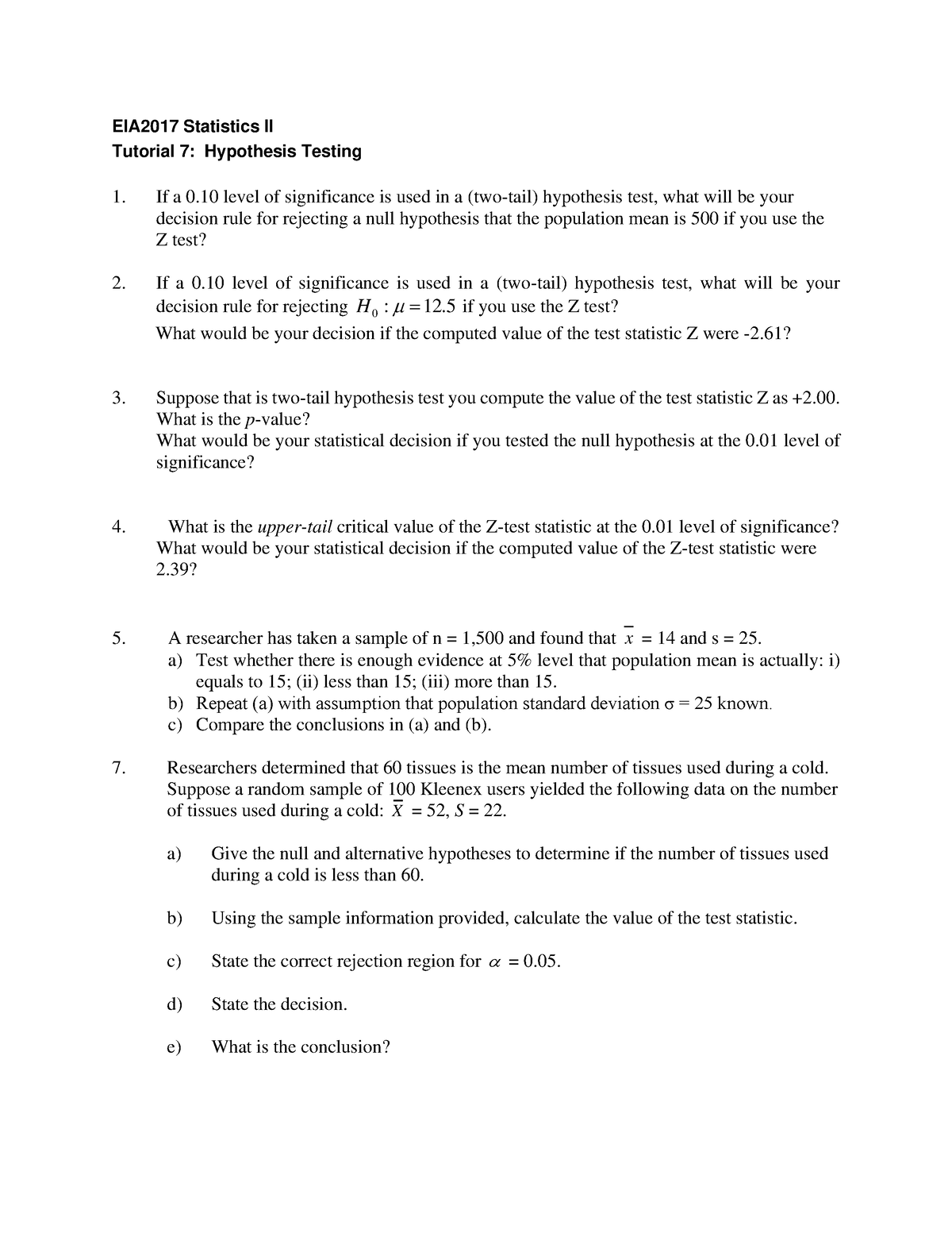 Tutorial 7 Hypothesis Testing I - EIA2017 Statistics II Tutorial 7 ...