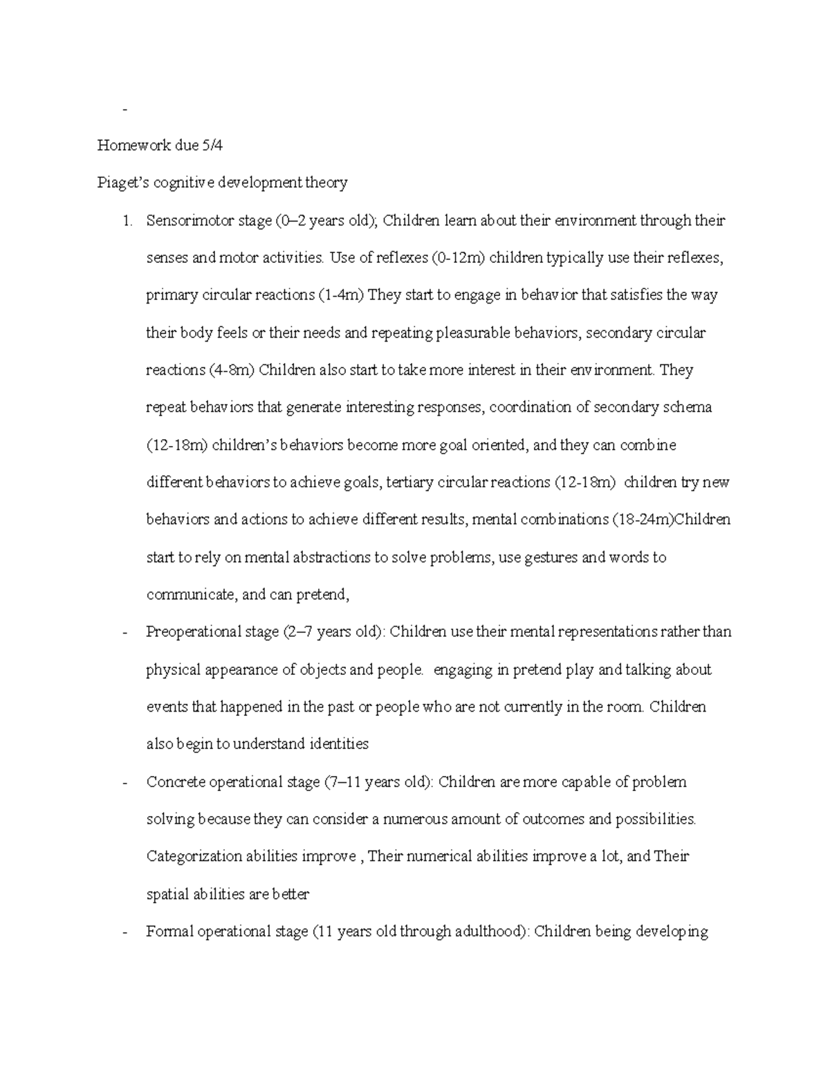 ECED assignment - Homework due 5/ Piaget’s cognitive development theory ...