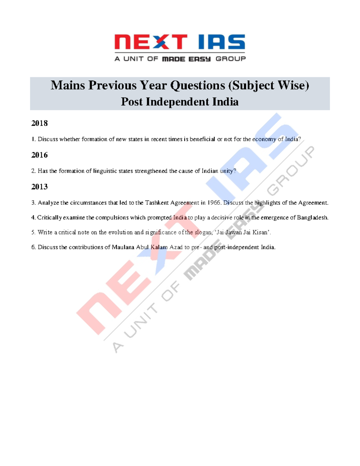 Post Independent India-mains - Mains Previous Year Questions (Subject ...