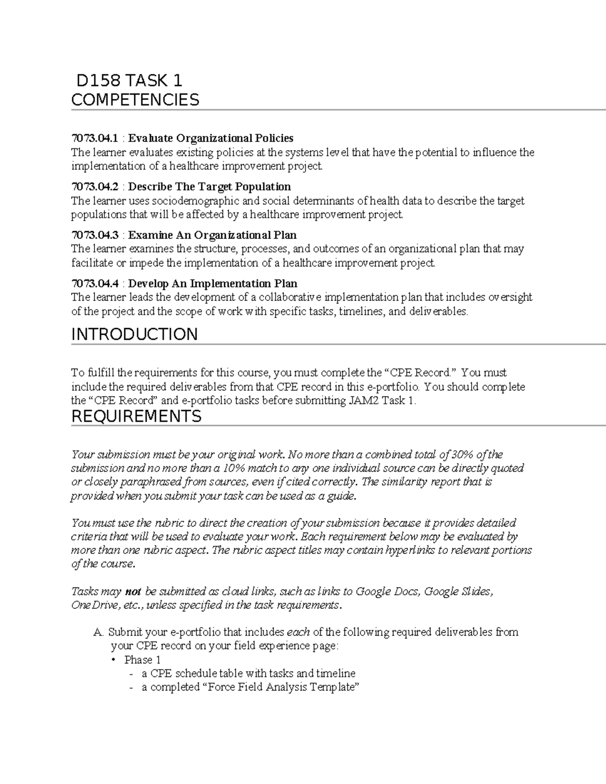 D158 Task 1 - Task insttructions - D158 TASK 1 COMPETENCIES 7073.04 ...