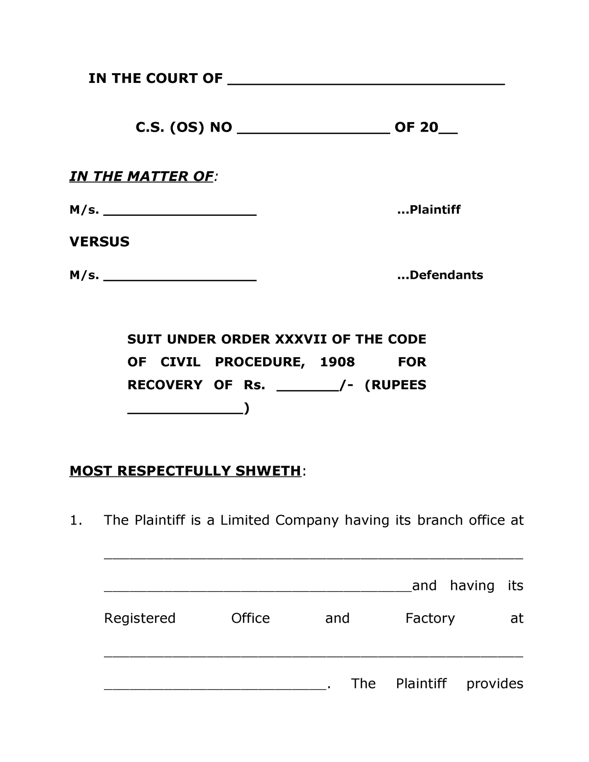 Order 37 Recovery Suit Format Summary Suit Order Xxxvii Cpc IN THE   Thumb 1200 1553 