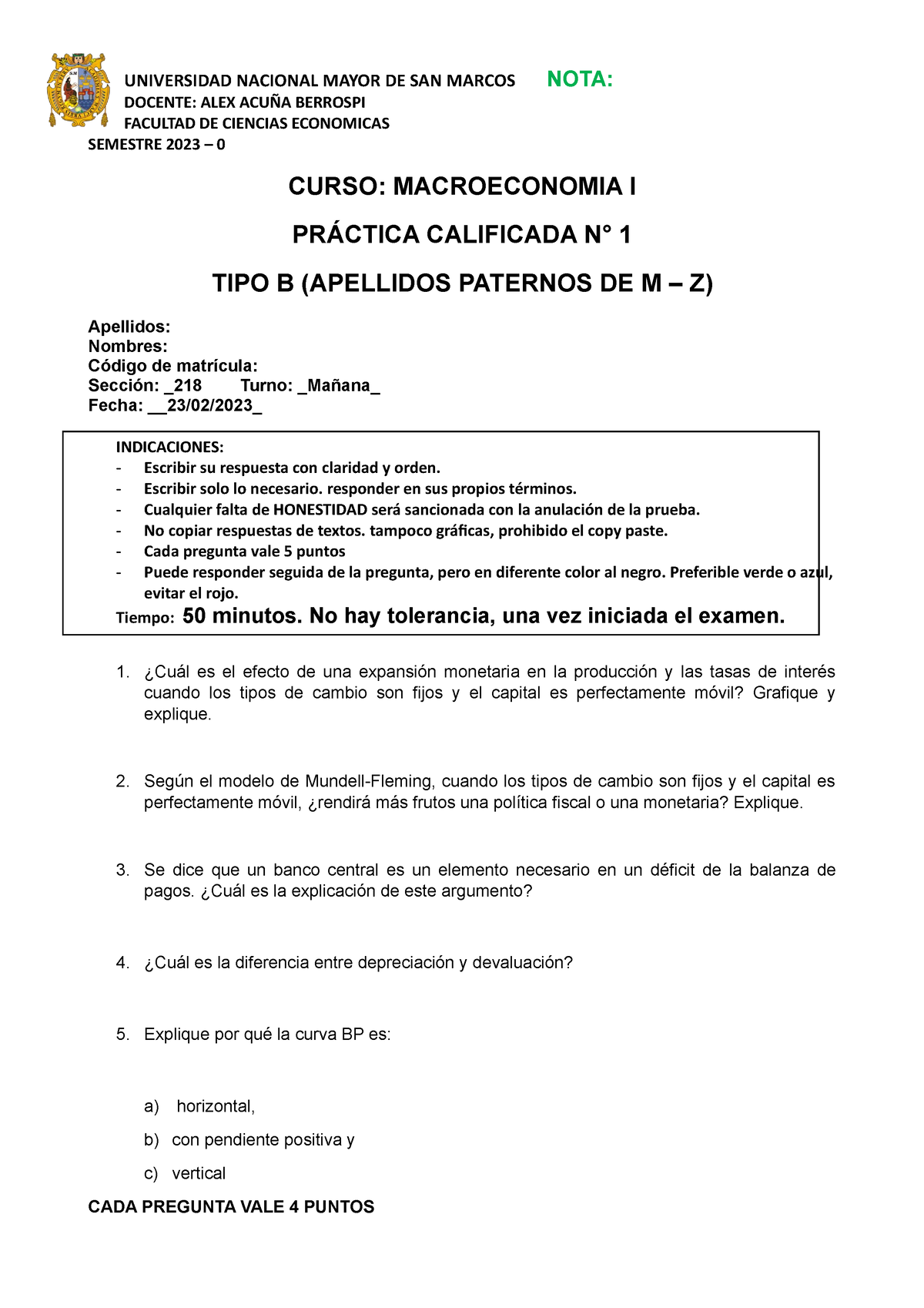 Práctica Celificada 1 Macroeconomia I 2023 0 - Seccion 218 Tipo B ...