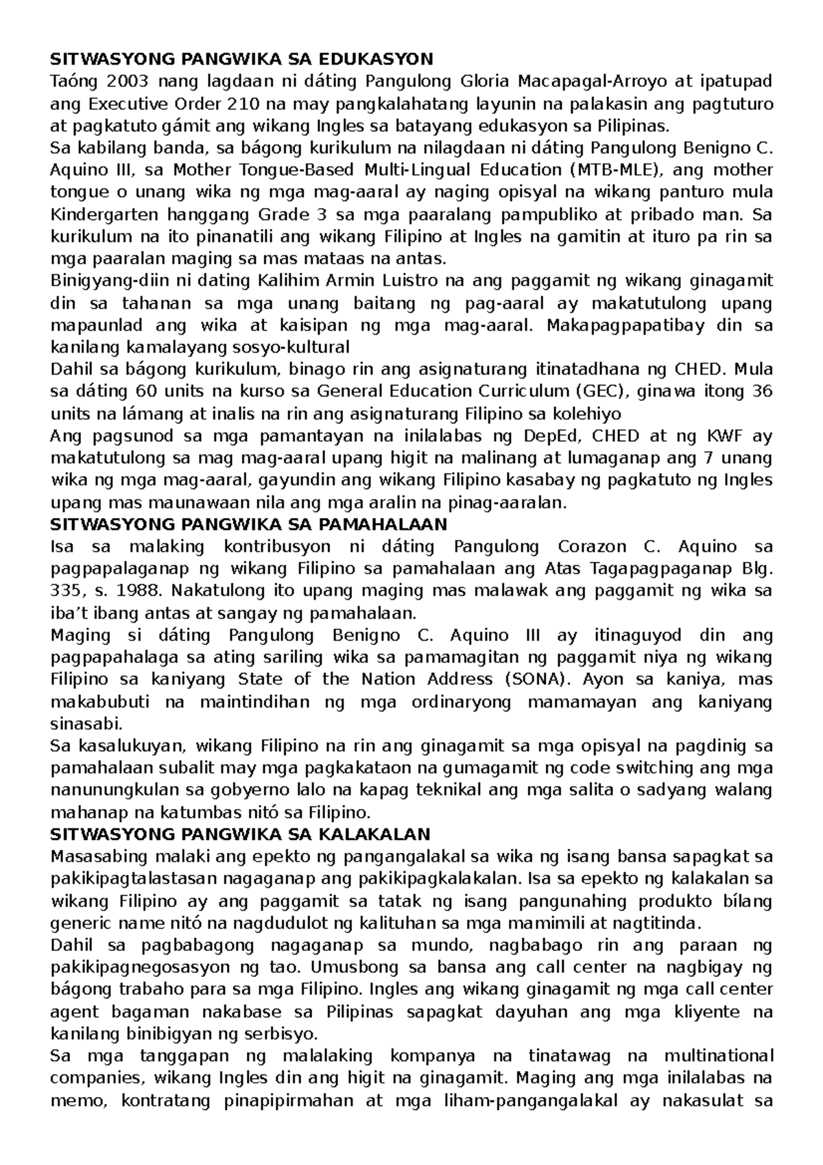 Kompan Aralin 4 Sitwasyong Pangwika SA Edukasyon - SITWASYONG PANGWIKA ...