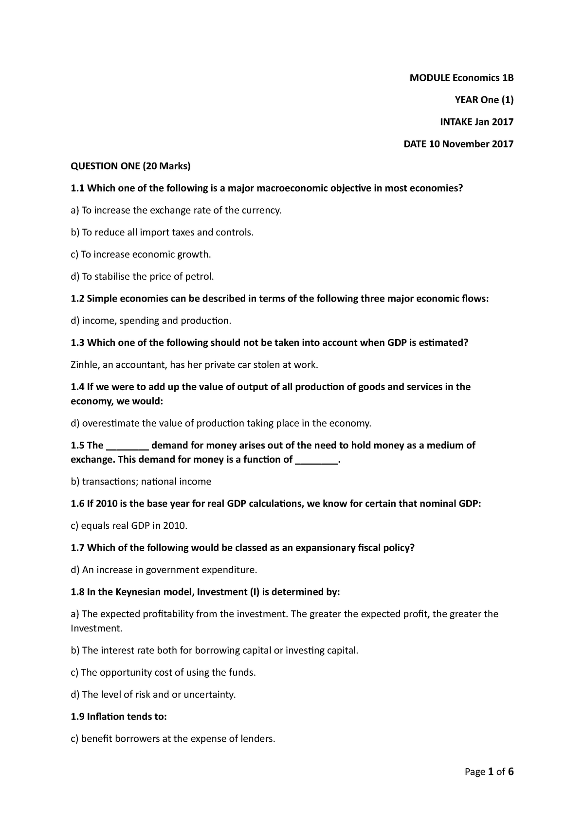 Module Economics 1B - MODULE Economics 1B YEAR One (1) INTAKE Jan 2017 ...