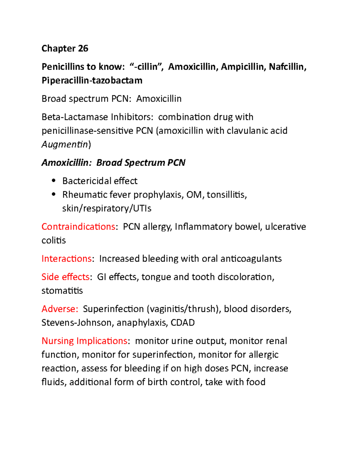 Drug cards Chapter 26, 27, 28 - Chapter 26 Penicillins to know ...