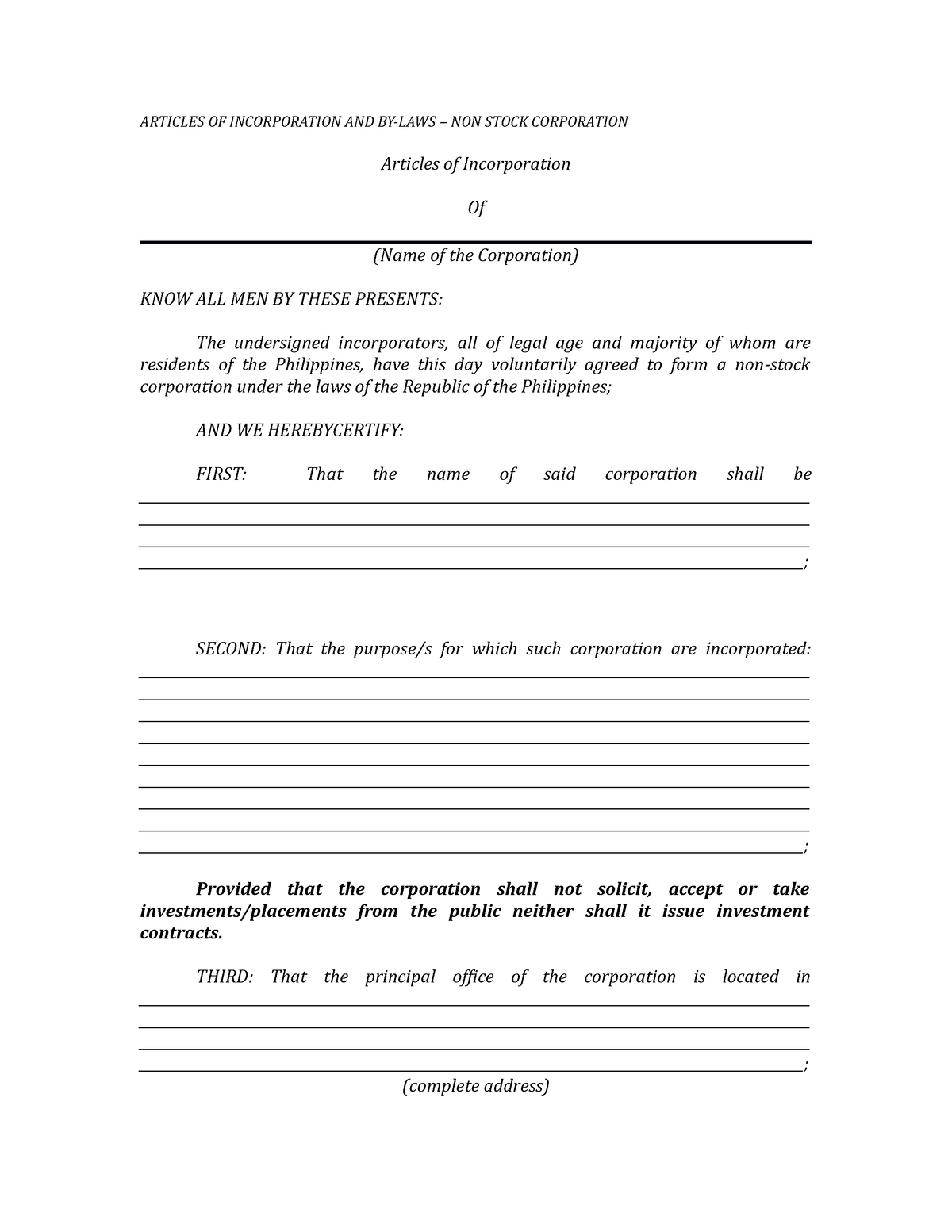 Articles of Incorporation and By laws non stock corporation - ARTICLES ...