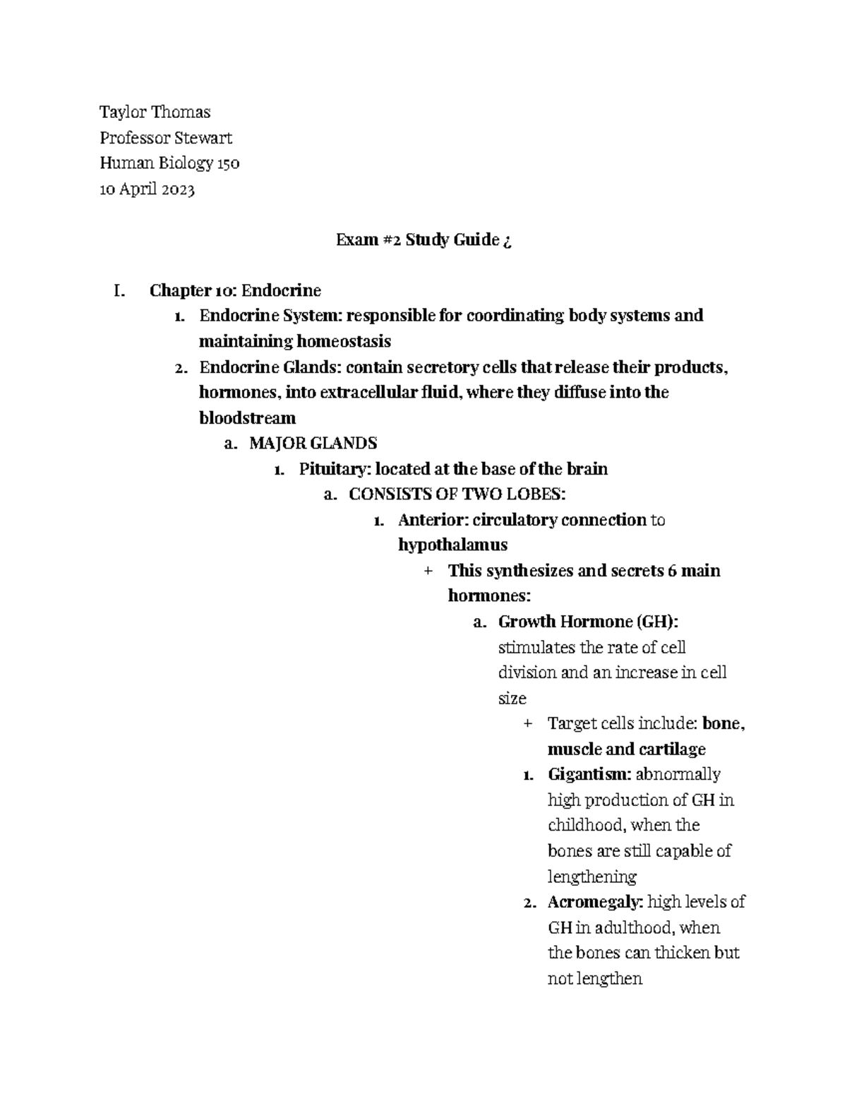 BIO Exam #2 {Chapter 10-14} - Taylor Thomas Professor Stewart Human ...