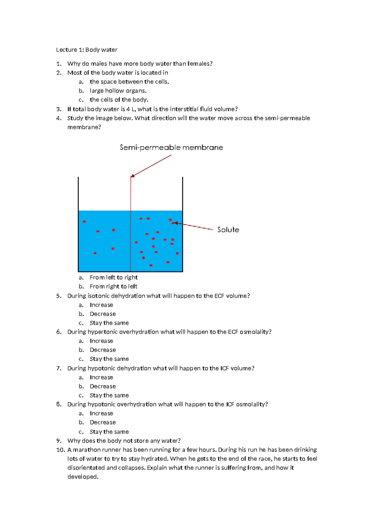 Practice questions - Body water and Haematology - Lecture 1: Body water ...