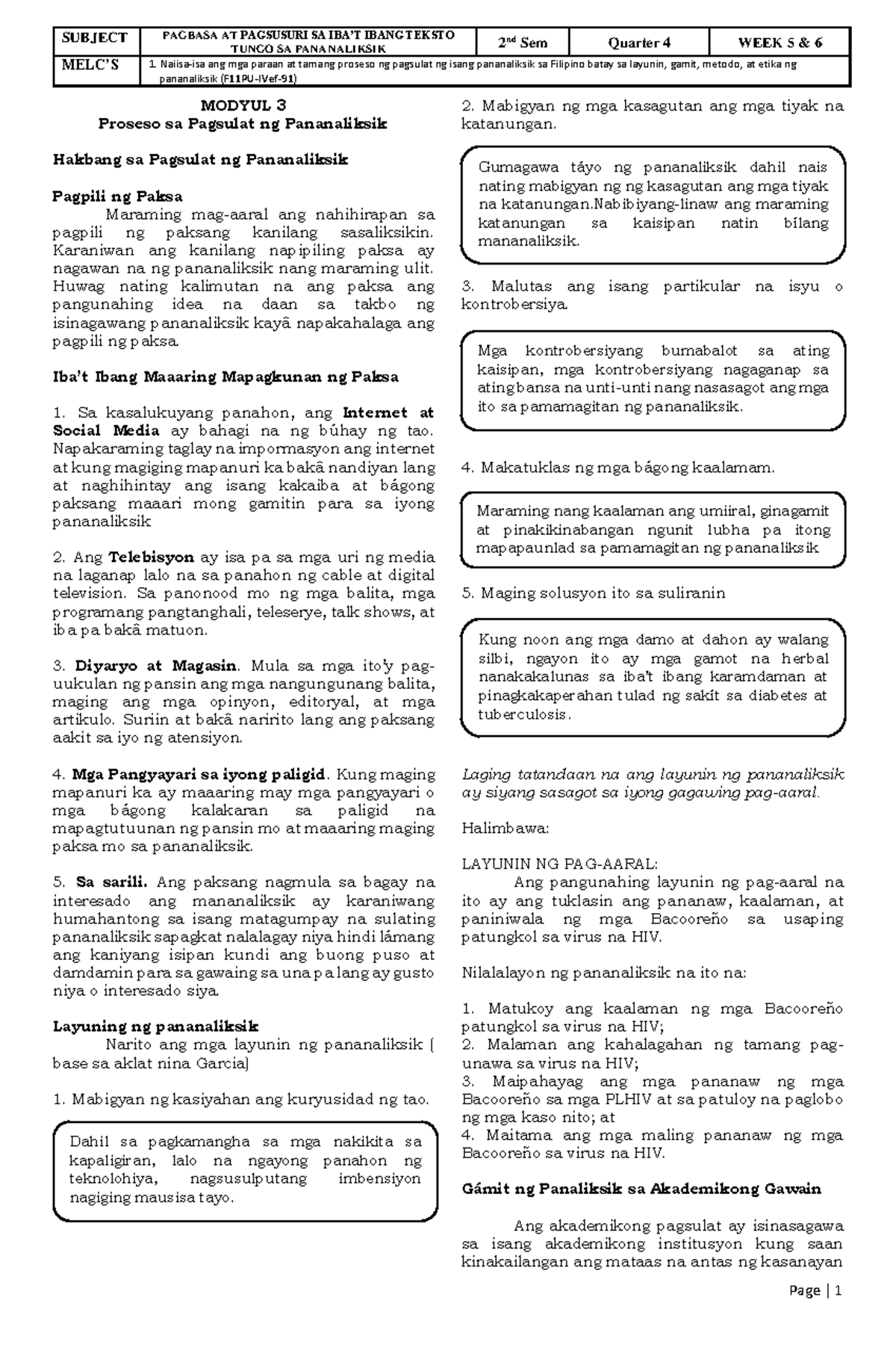 2nd Sem Q4 Pagbasa Module WEEK6 - TUNGO SA PANANALIKSIK 2 MELC’S 1 ...
