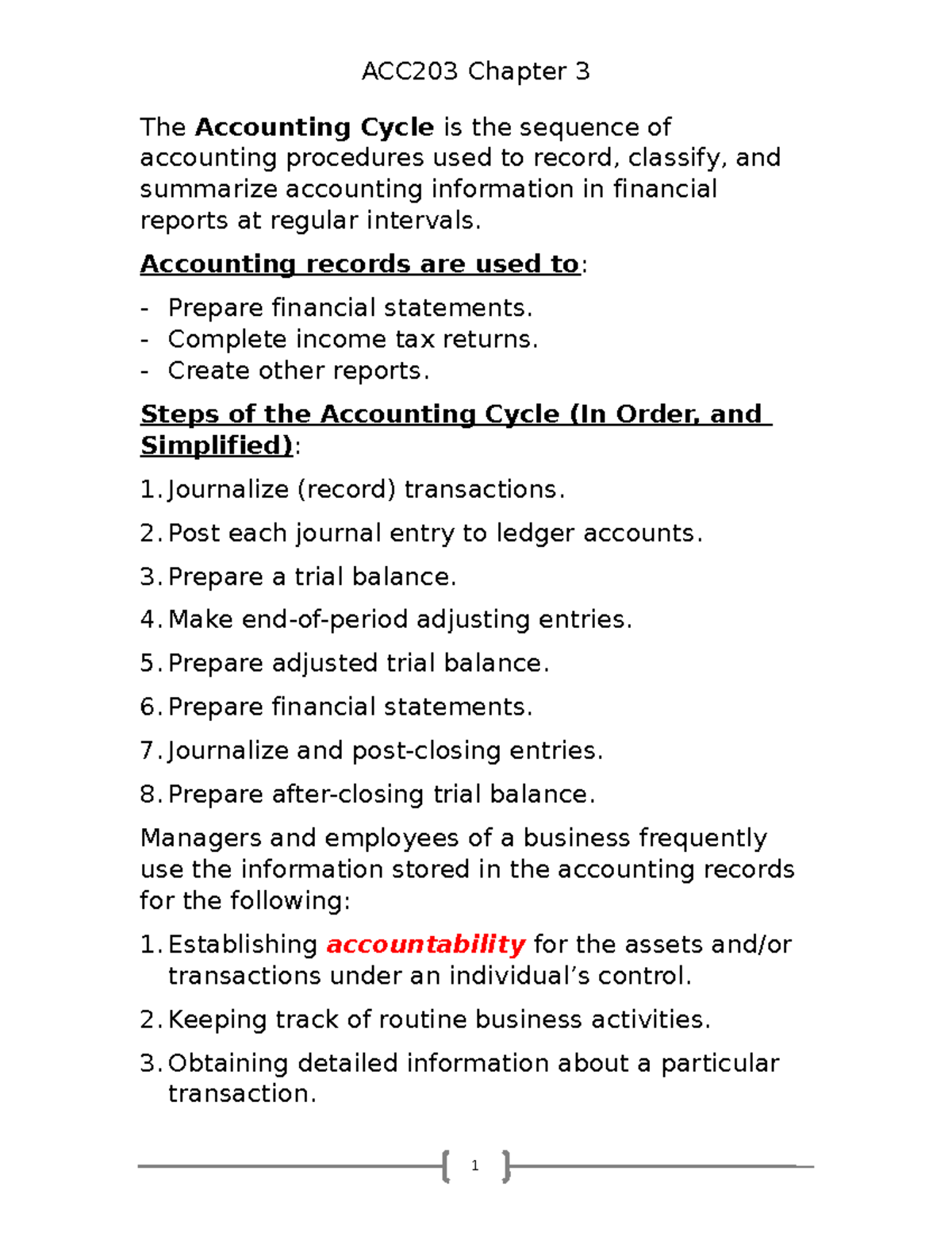 ACC203 Chapter 3 Revision Sheet - The Accounting Cycle Is The Sequence ...