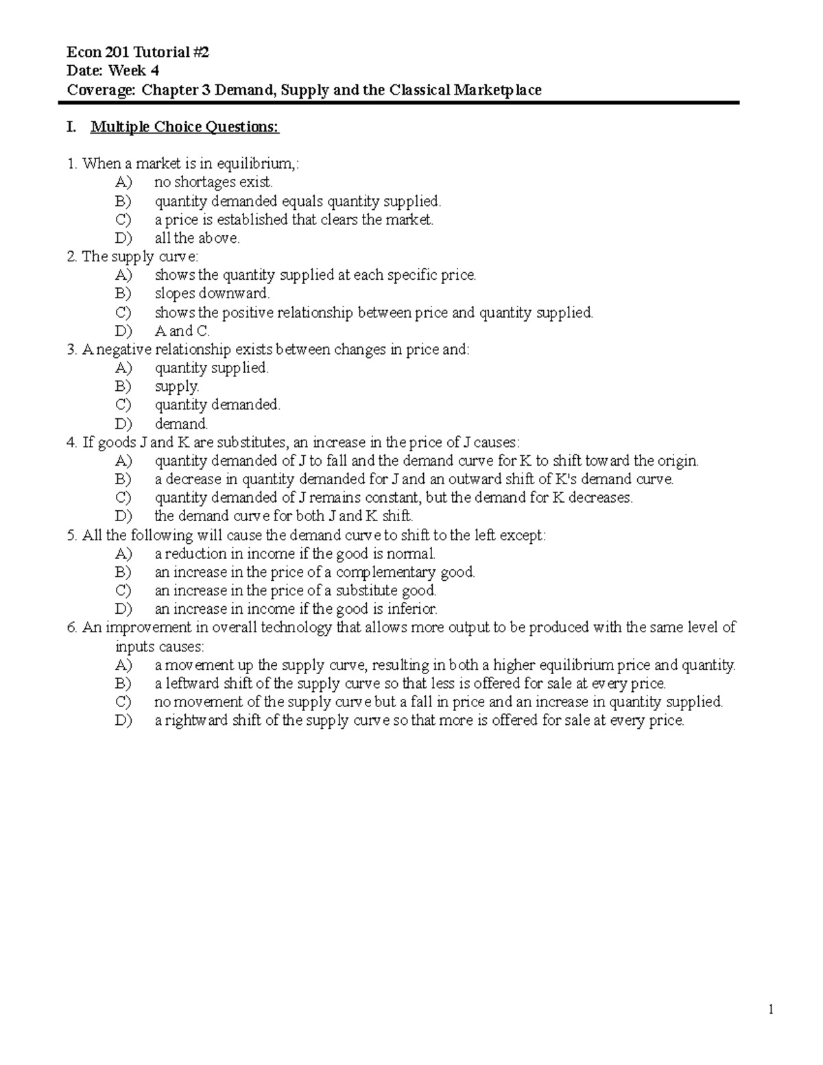 Tutorial Work - 2 - Tutorial Question - Econ 201 Tutorial Date: Week 4 ...