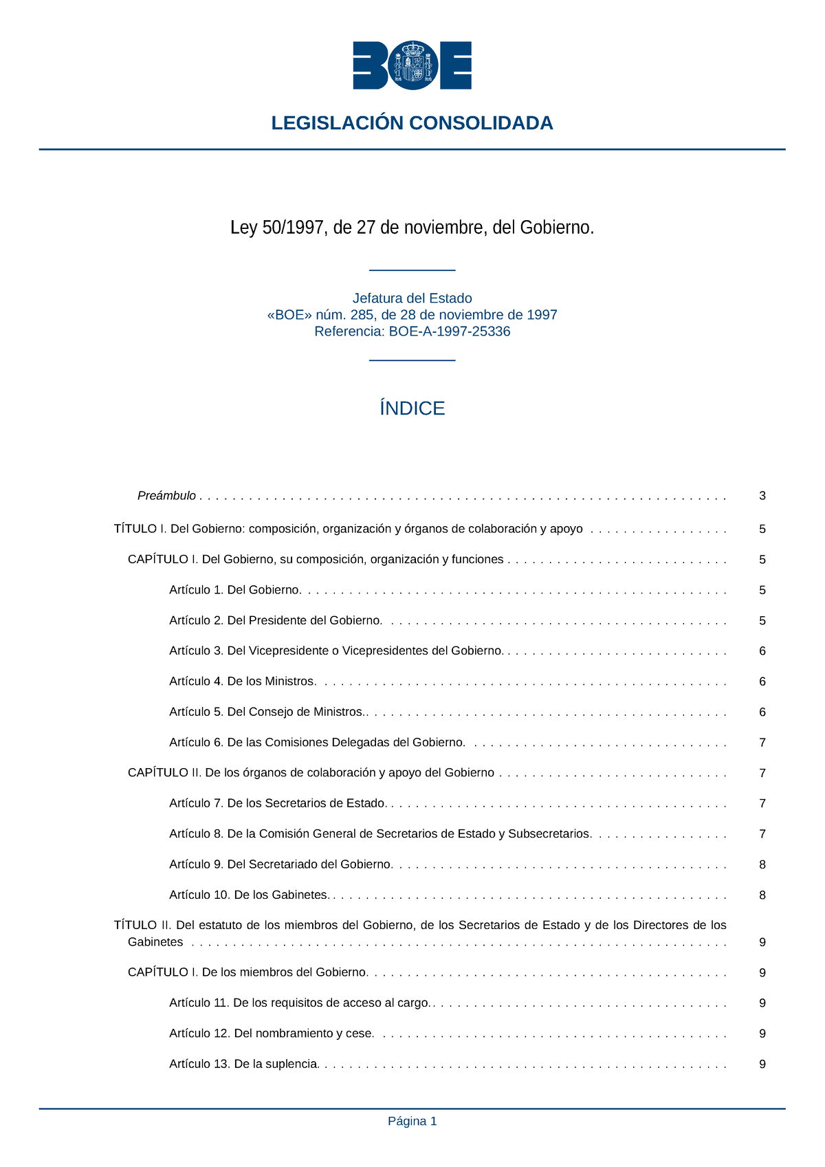 LG - Ley Del Gobierno 1997 - Ley 50/1997, De 27 De Noviembre, Del ...