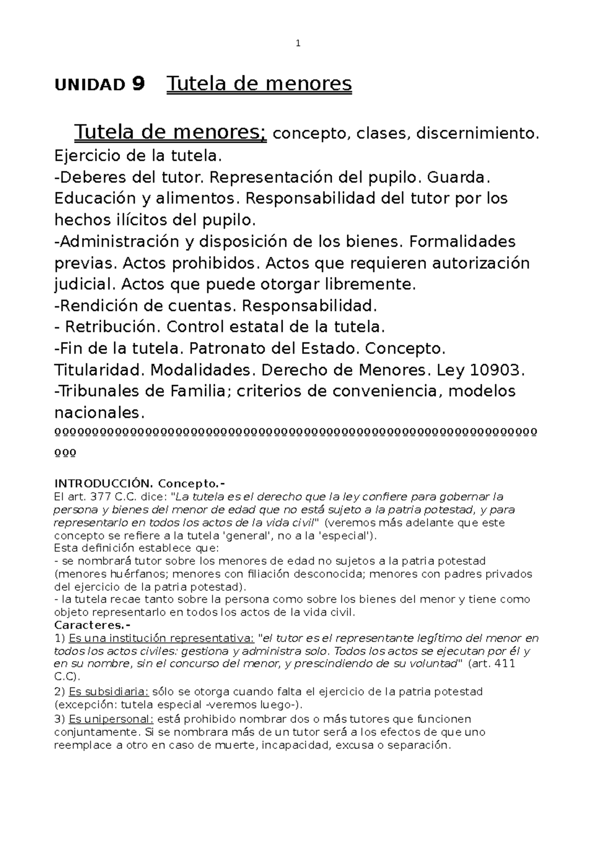 Bolilla Nº 9- Tutela DE Menores - 1 UNIDAD 9 Tutela de menores Tutela de  concepto, clases, - Studocu