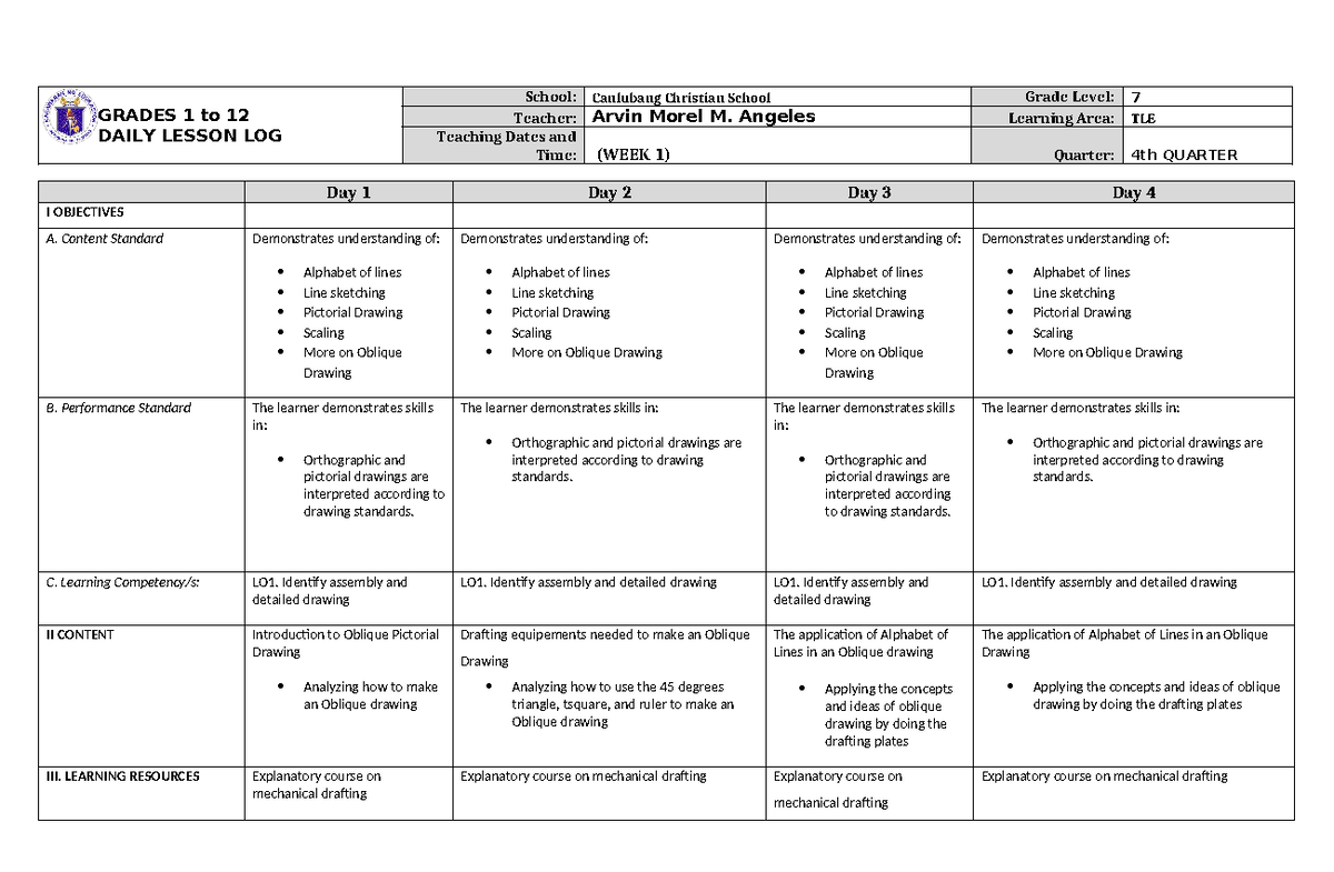 lesson plan in drafting drawing skills to transform an original design ...
