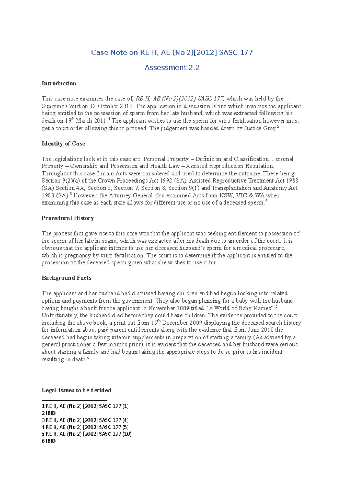 Case Note on Re H - Case notes on the assignment relating to Re H ...