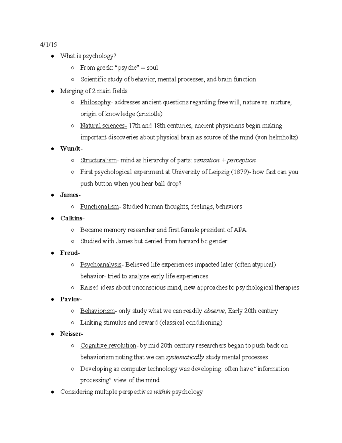 Fundamentals of Psychology lecture notes- FIRST HALF - 4/1/ What is ...
