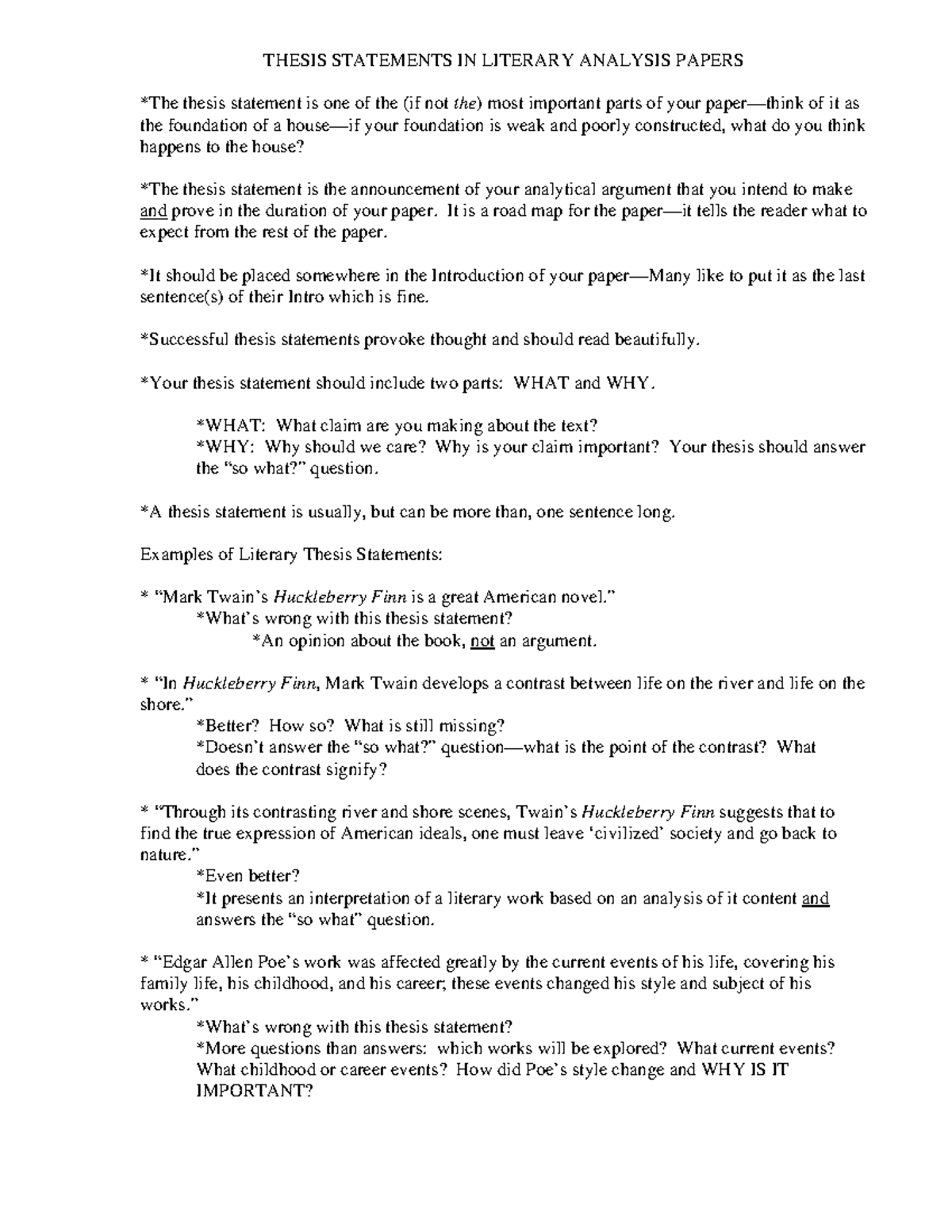 Thesis statement handout 1 - THESIS STATEMENTS IN LITERARY ANALYSIS ...